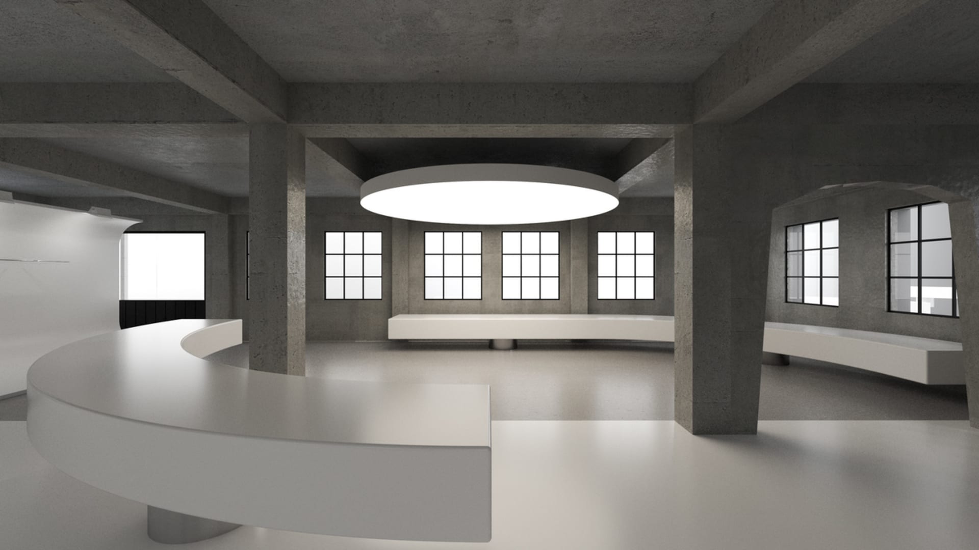 2D 的地板plan 的一個大,開放空間,白色工作台,圓形燈,線條,標籤,及尺寸