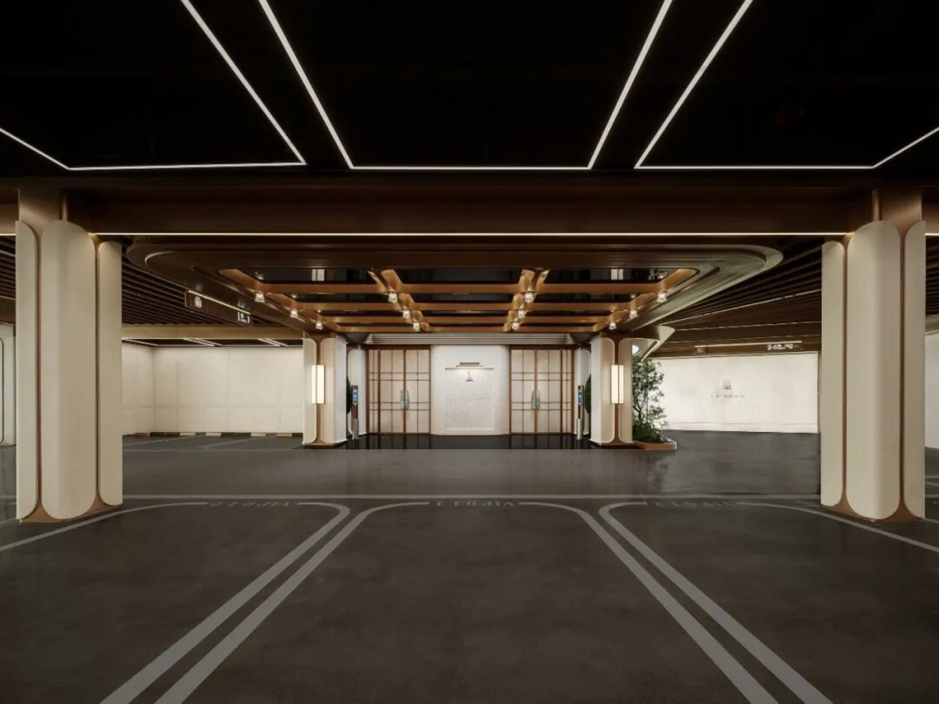 Spacious modern lobby with high ceiling, wooden elements, and a mix of natural and artificial lighting