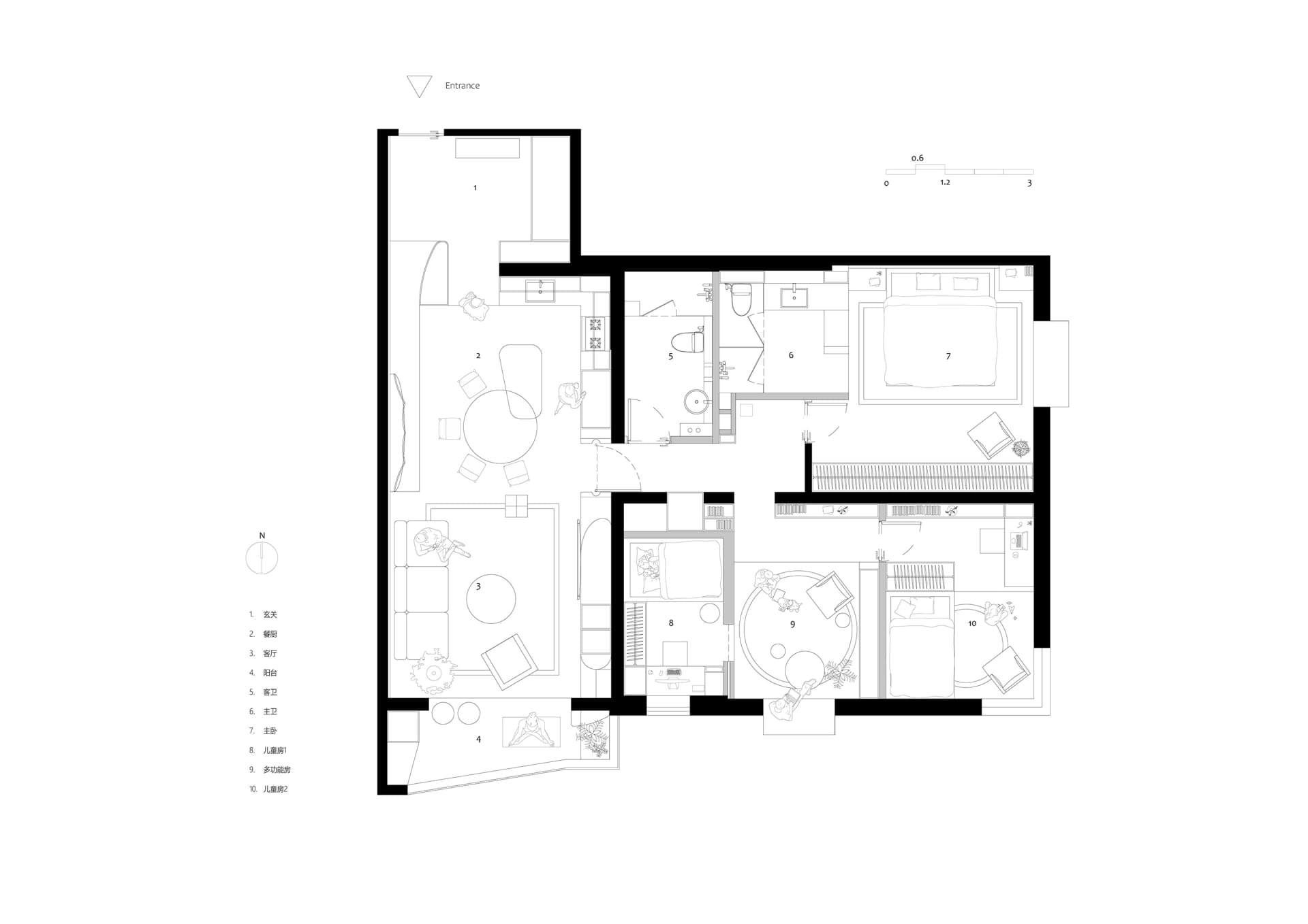 Black and white floor plan of a modern residential space with wood accents, showing a living room, dining room, and kitchen