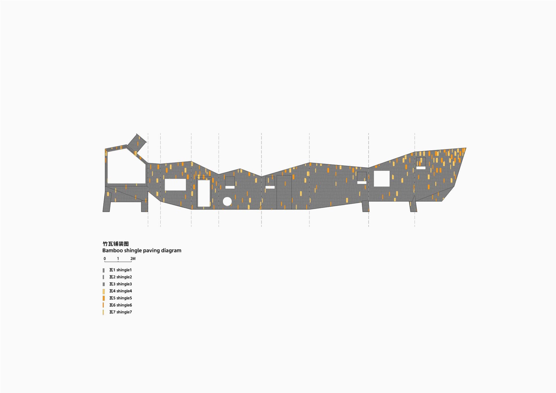 2D floor plan of a modern building with a mix of concrete and wood materials, featuring a top-down layout with linework, labels, and measurements