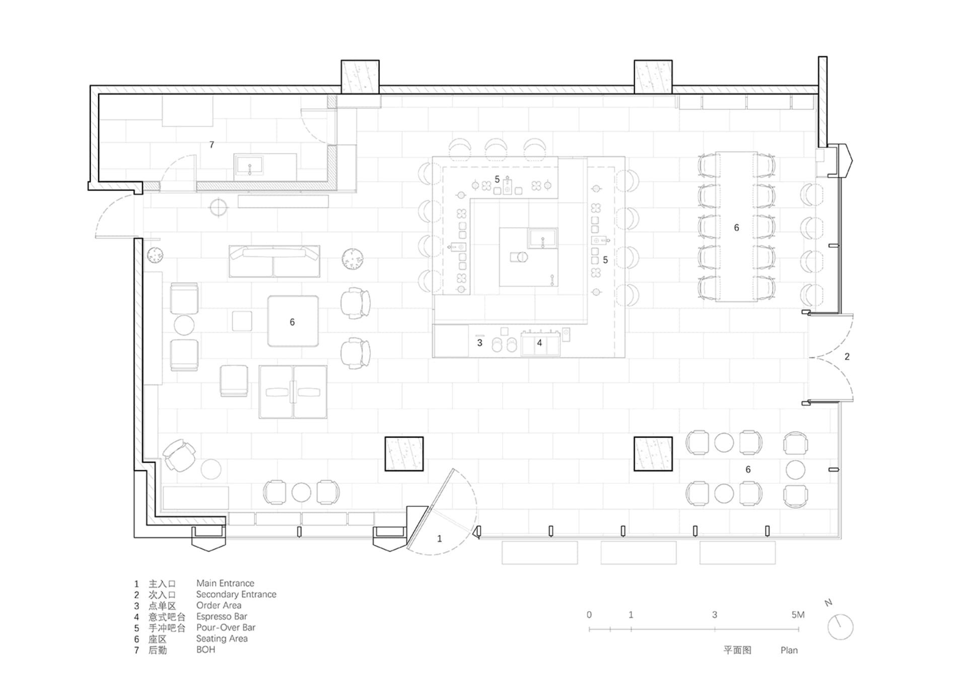 A classic black and white floor plan of a large dining room with multiple chairs and tables, well-lit and inviting