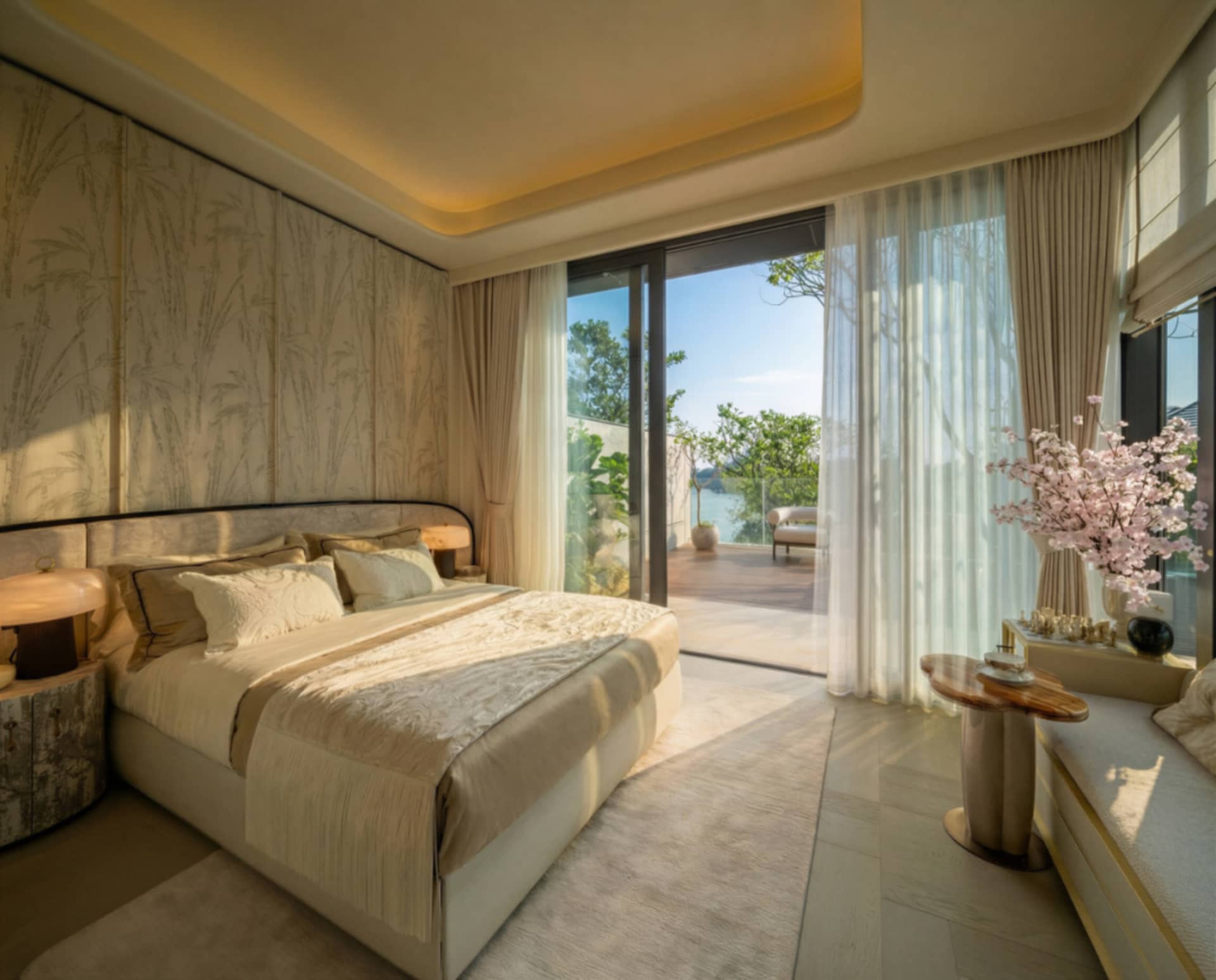 A well-lit bedroom with a bed, chair, and window, featuring white furniture and a clean, organized appearance