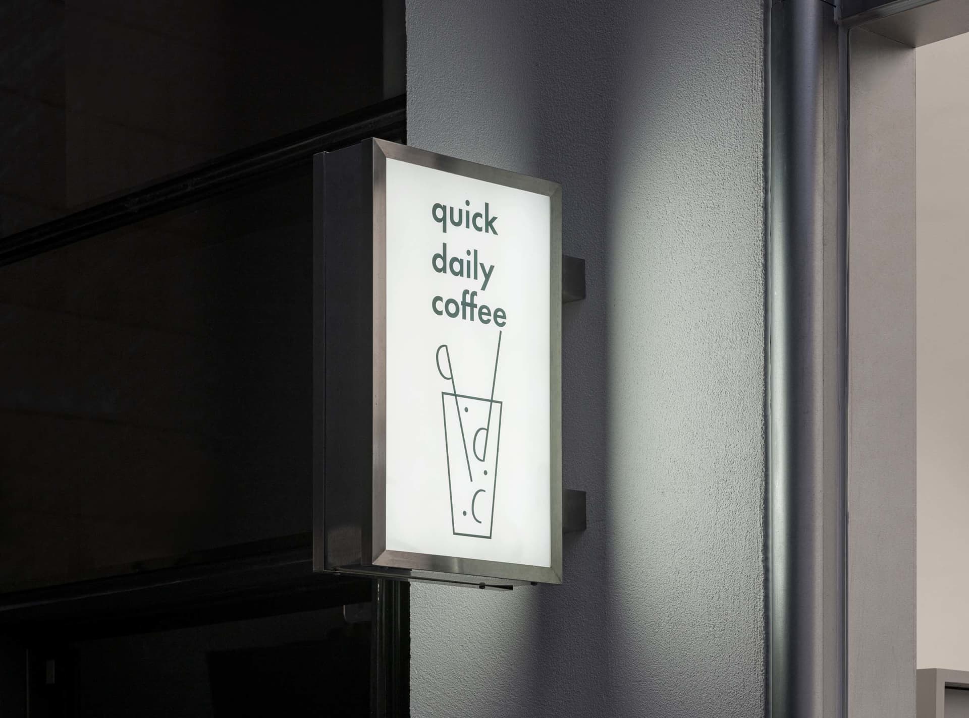 A small, dimly lit coffee shop with a warm atmosphere and an illuminated sign reading Quick Daily Coffee