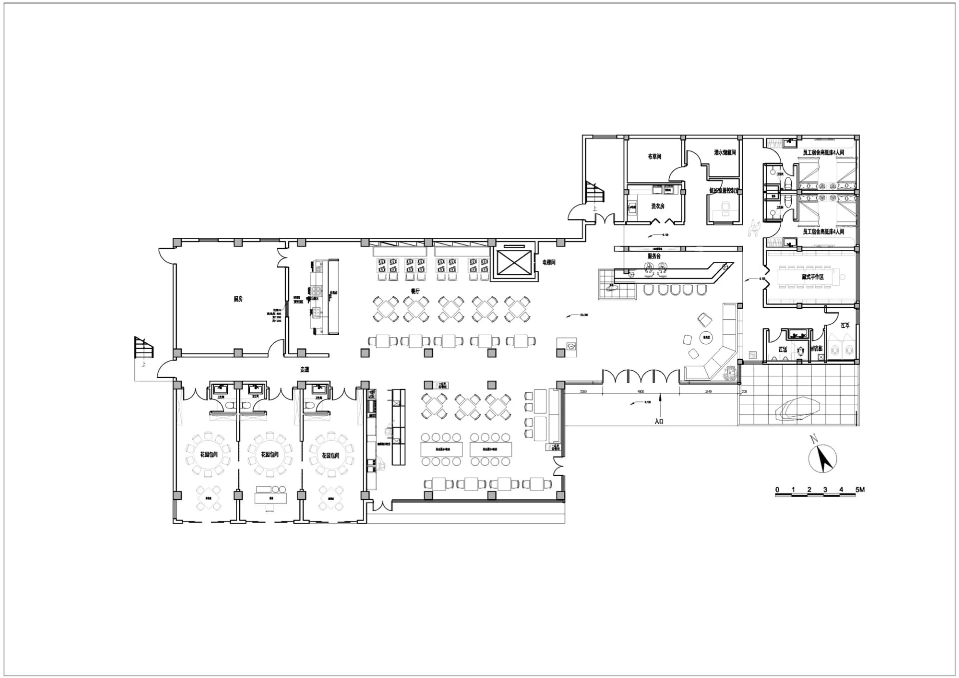 黑白餐廳空間佈局圖，豪華大餐廳空間，充足照明，簡潔設計