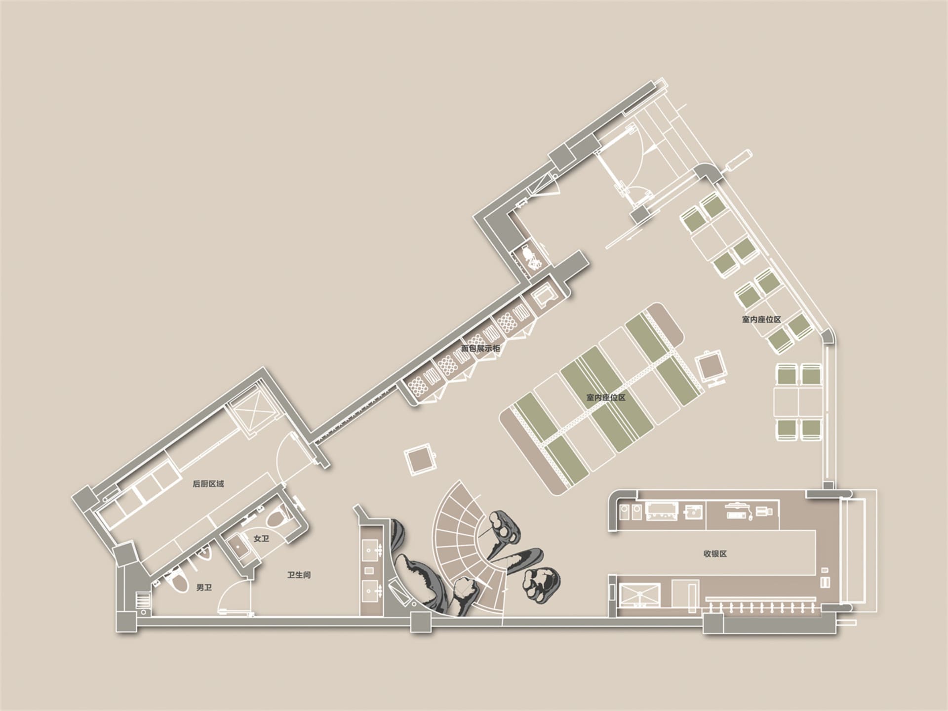 2D top-down floor plan of a modern hotel with concrete and glass construction, showing room layout and dimensions