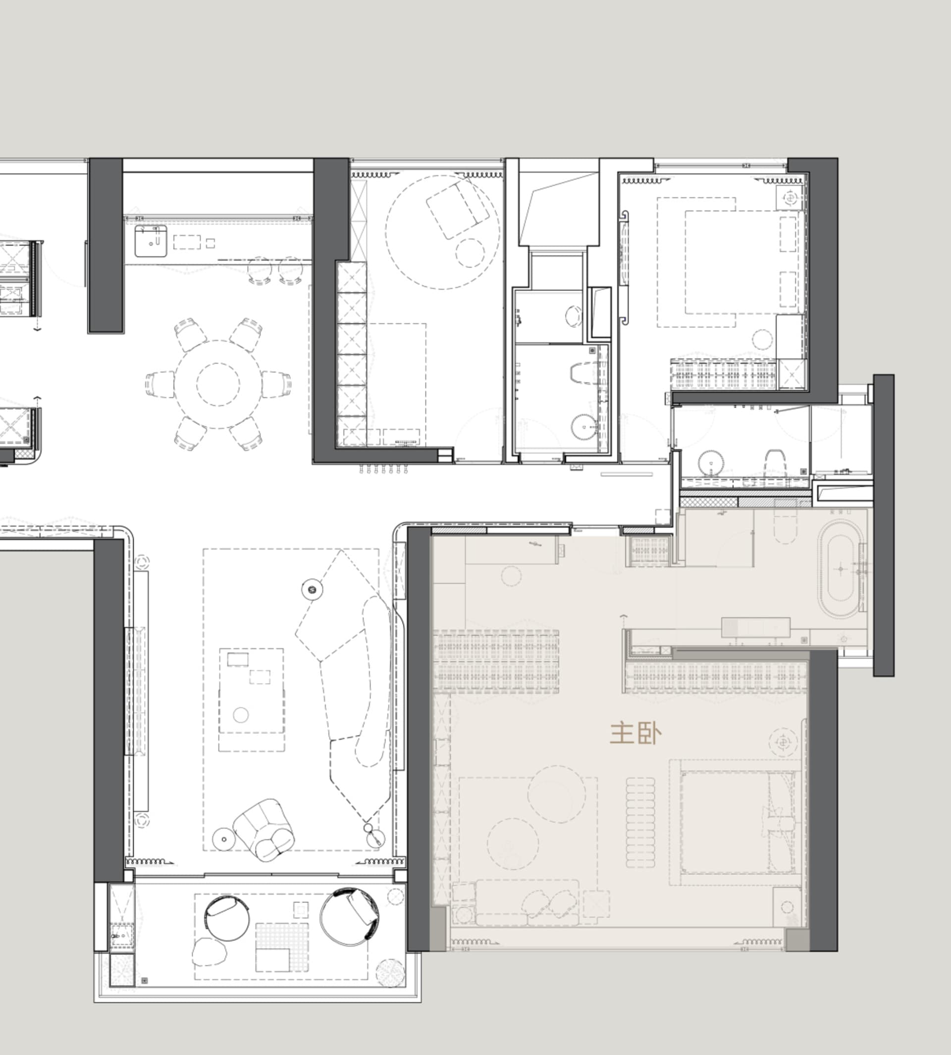 A 2D floor plan of a modern house with a living room, dining room, and kitchen, featuring clean lines, minimalistic design, and neutral colors, with sunlight streaming in through the windows