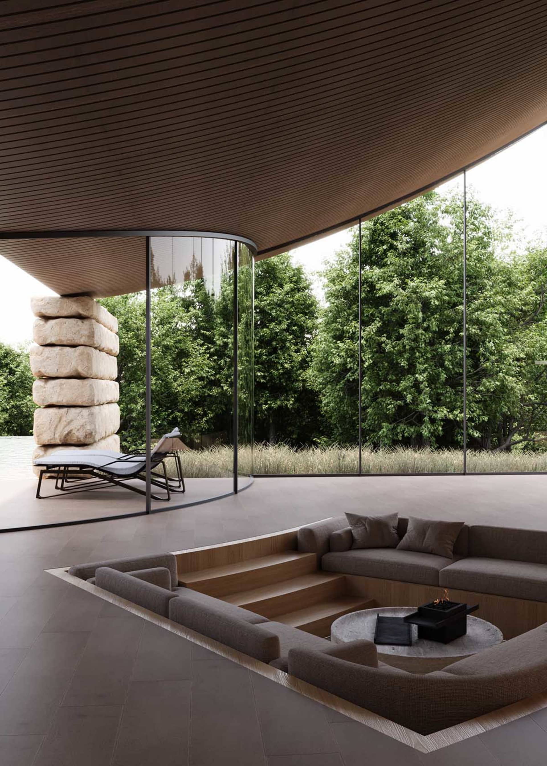 A modern living room with a large couch, a chair, and a dining table, filled with natural light and designed for comfort and relaxation