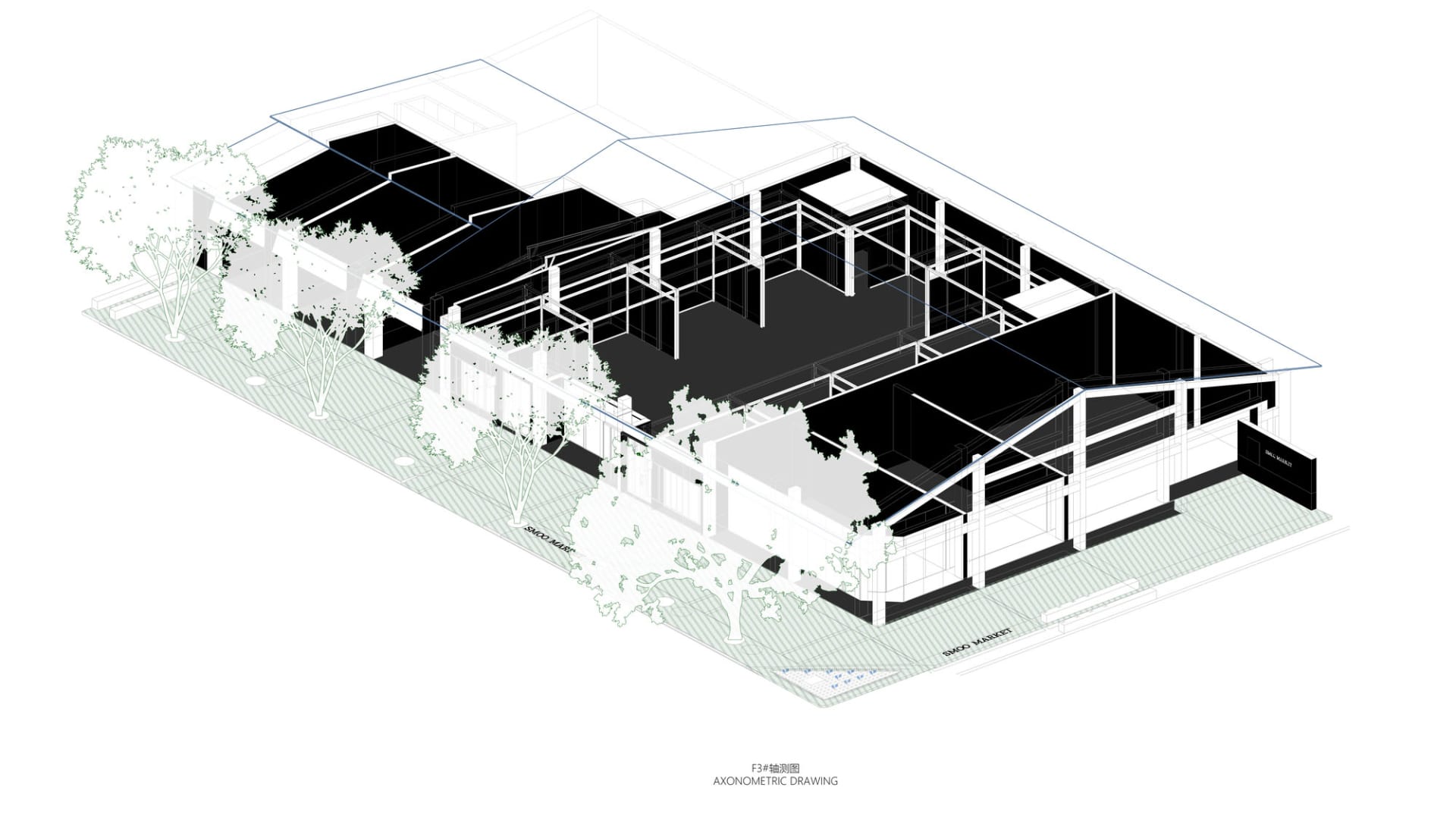 Black and white floor plan of a minimalist residential building with a focus on architectural structure and layout
