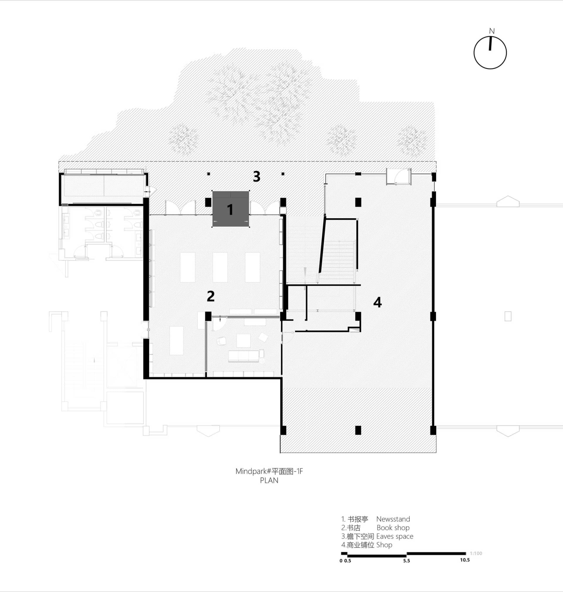 Black and white floor plan of a modern building with multiple rooms, including a living room, dining room, and kitchen, featuring clean lines and minimal decoration