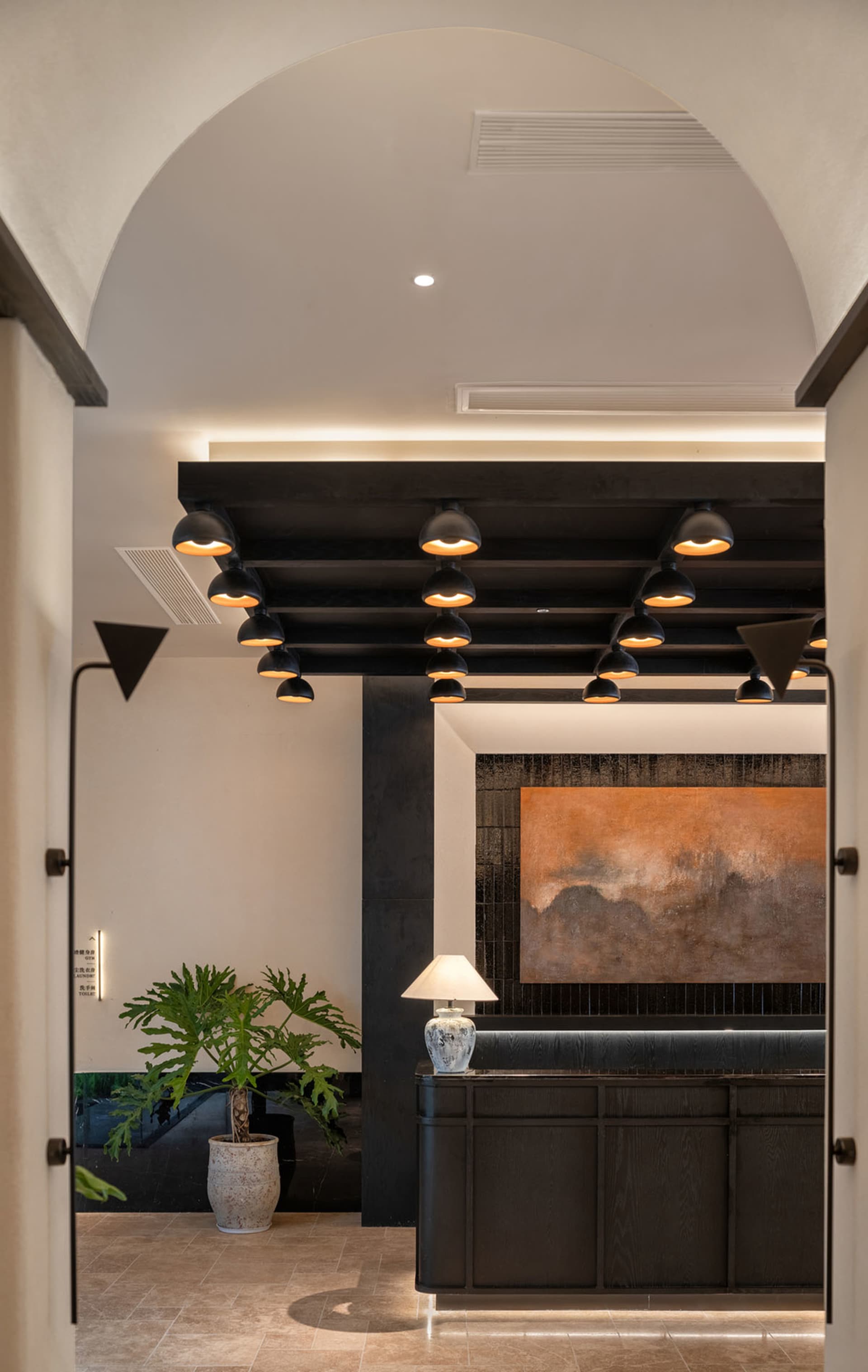 Cozy modern living space with a black and white color scheme, featuring a couch, chair, and potted plant, with dim lighting creating an intimate atmosphere