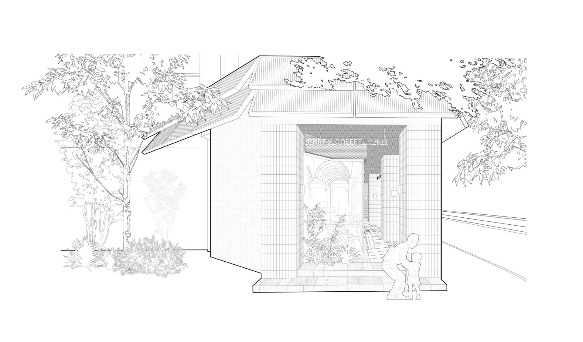 A small brick building with a brick roof, situated in a garden with a tree in the background