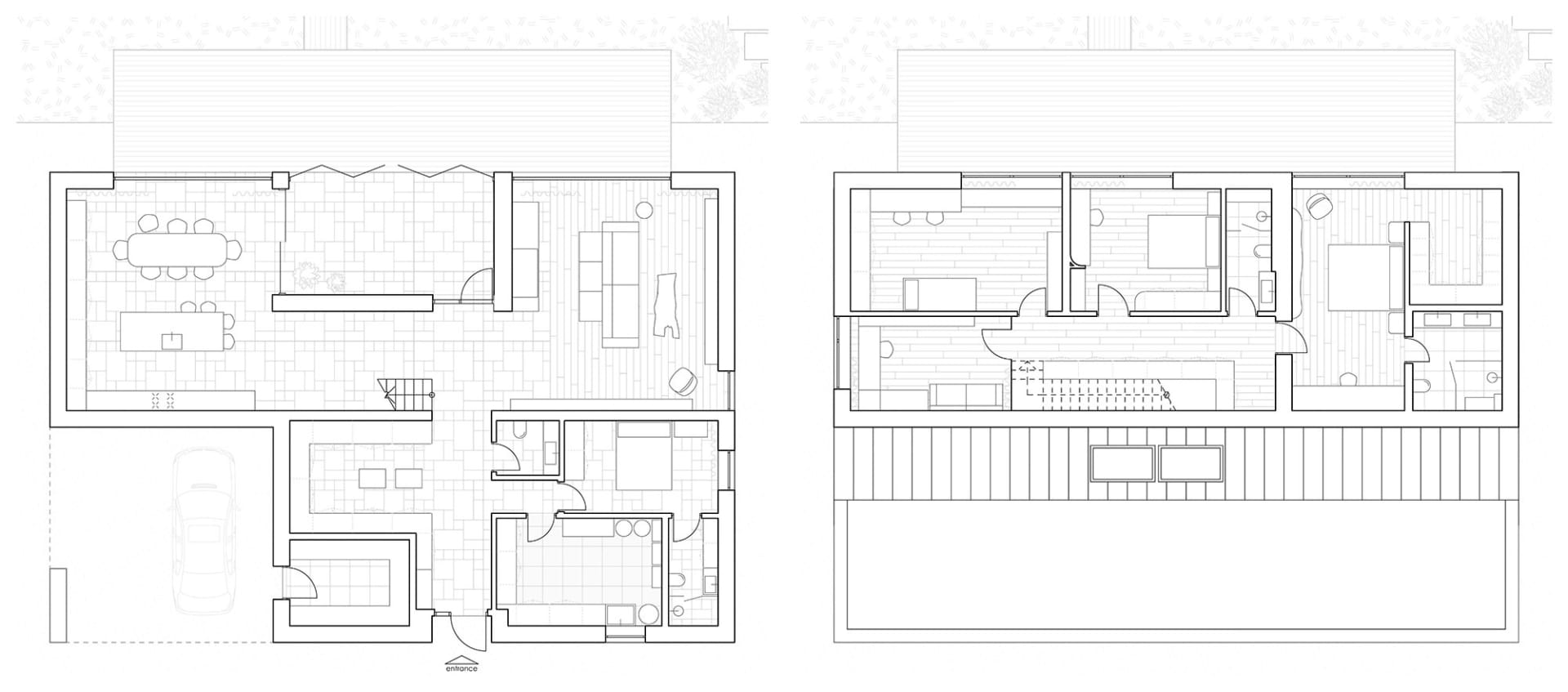 極簡住宅的黑白圖繪，包含兩層平面圖，顯示客廳、廚房、餐廳、臥室及衛浴