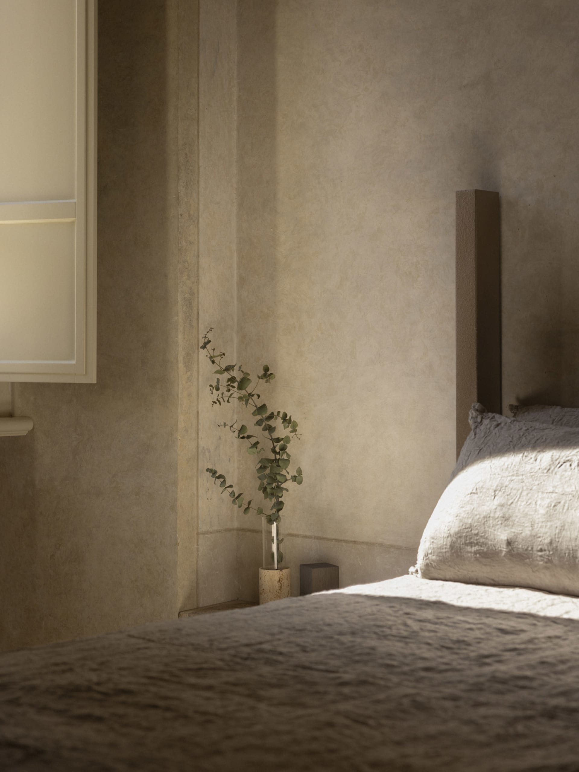 A modern bedroom with a bed, potted plant, and open window, featuring wood and fabric materials in a predominantly neutral color palette