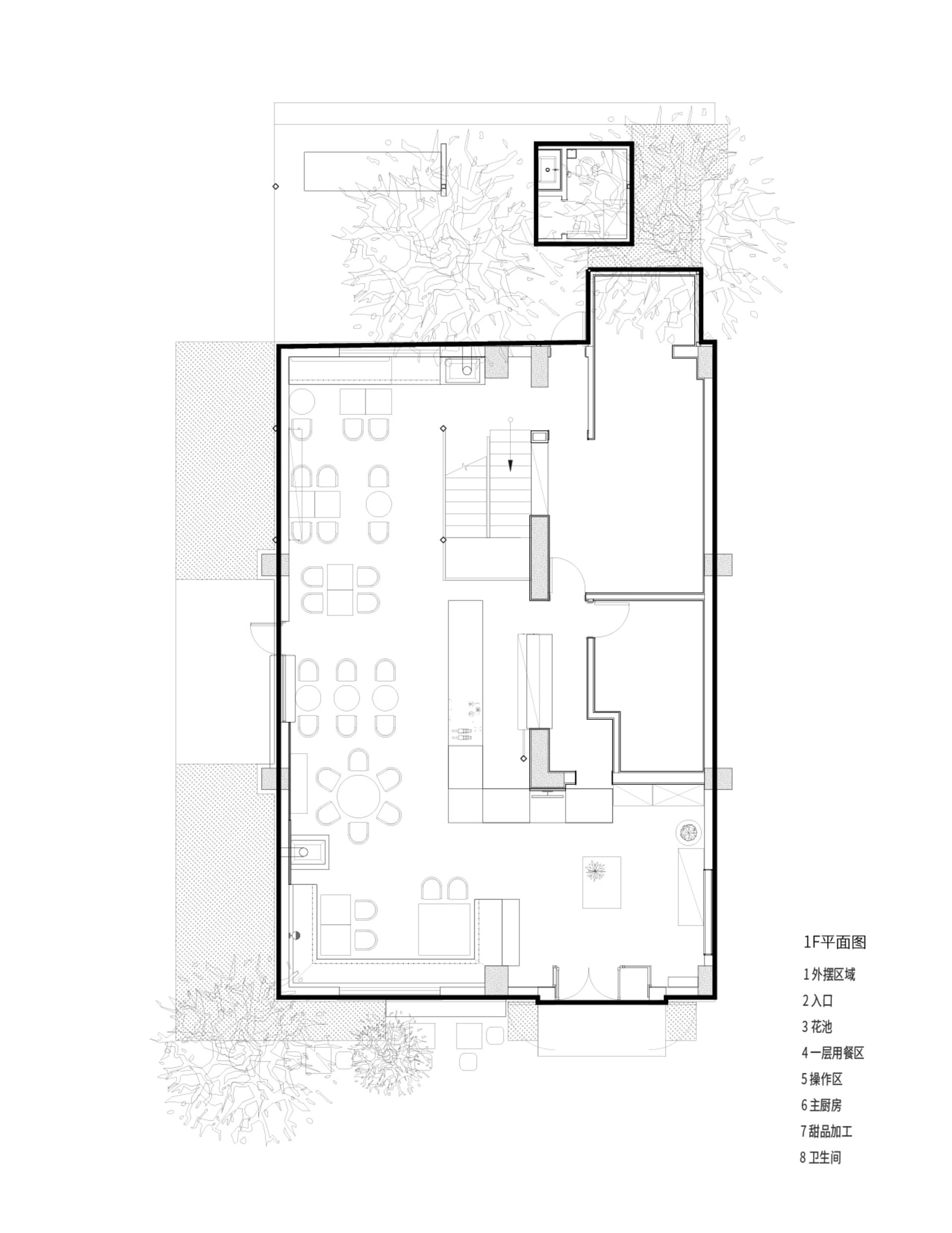 現代開放式空間，白色表面與家具，柔和燈光，包含廚房區與餐桌