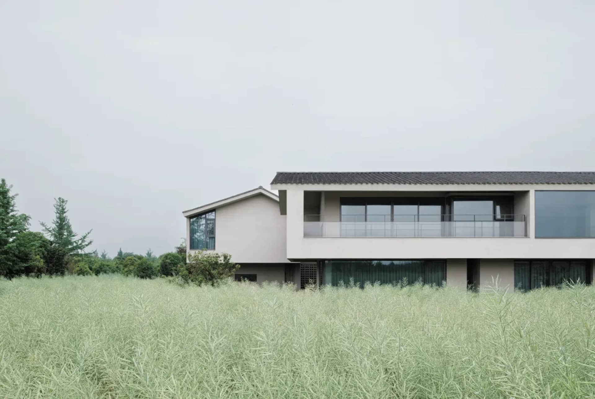 Large modern house with white exterior, surrounded by a lush green field, featuring a deck and balcony with natural light and warm ambiance