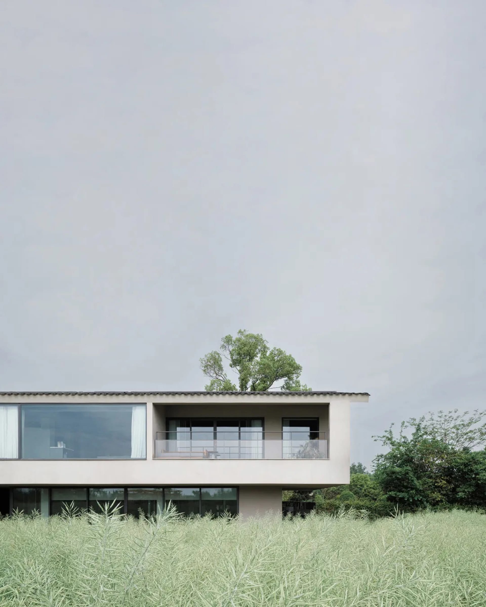 A modern house with a white exterior, large window, and balcony, set in a grassy suburban environment with natural light and warm atmosphere