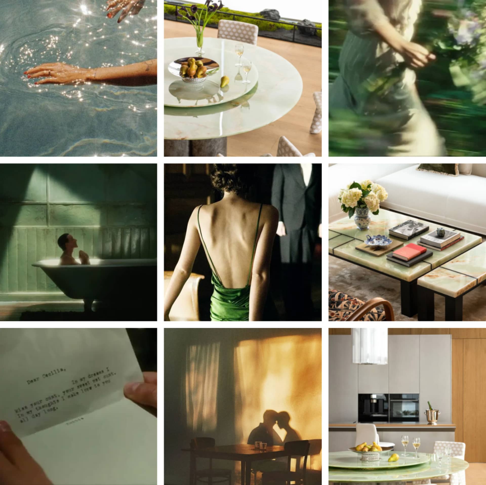 A collage of various spaces featuring wood, glass, and metal elements, with a mix of indoor and outdoor environments, furniture, and people