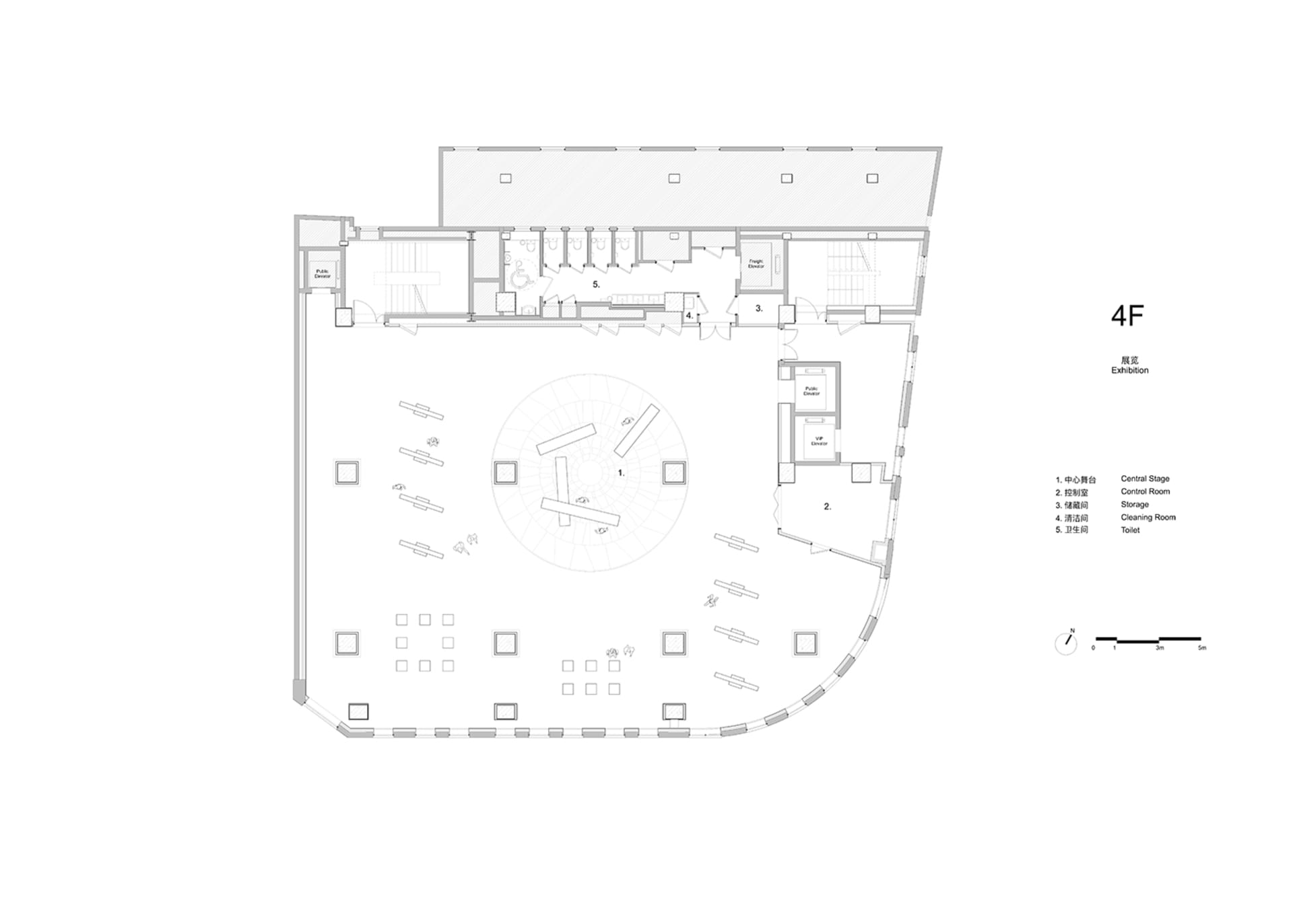 Black and white floor plan of a large open space with a central circular room, featuring natural light and modern architecture