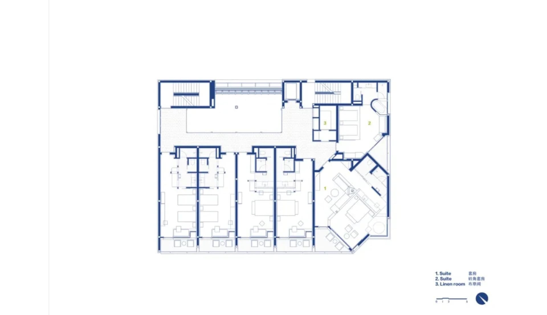 Detailed modern building floor plan with various rooms and spaces, featuring steel, concrete, and glass materials