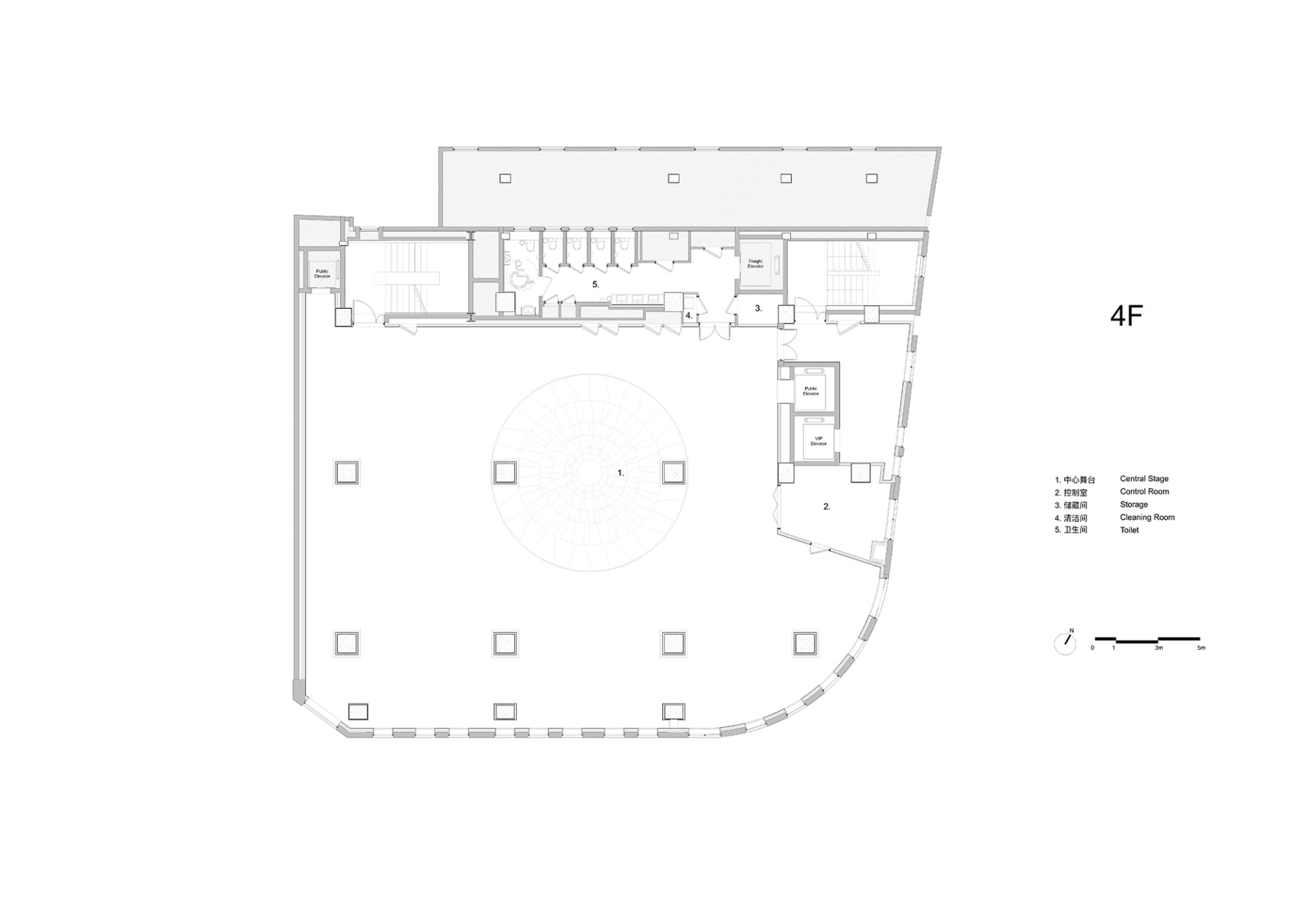 Black and white floor plan of a large open space with a central circular room, featuring simple linework and measurements