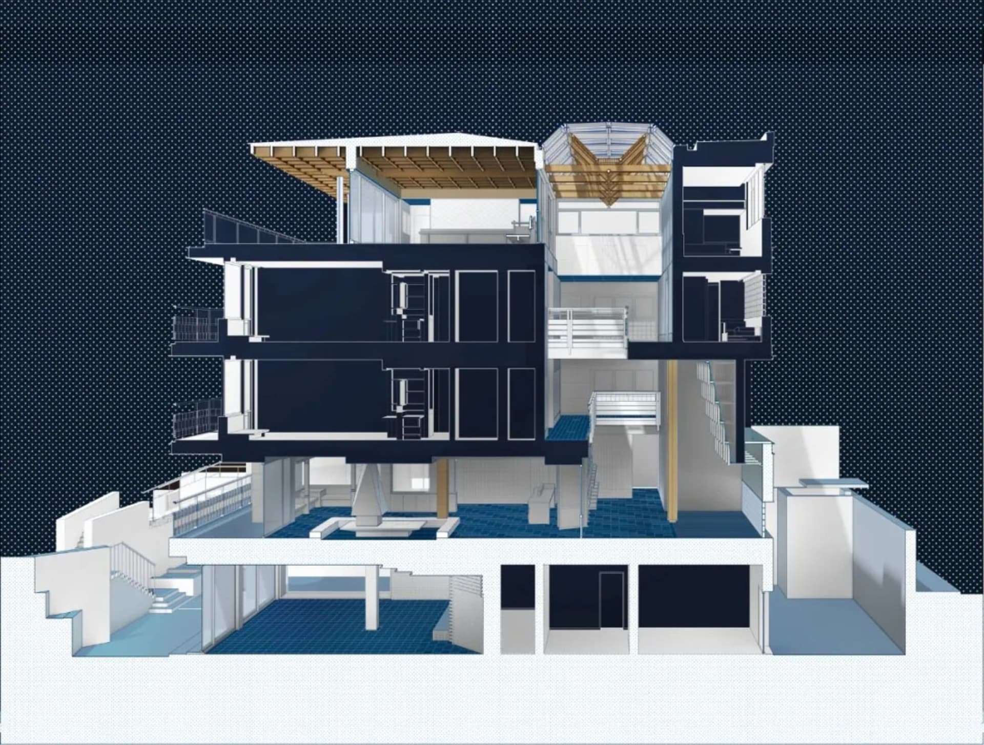 A modern building with multiple stories, featuring rooms, staircases, and large windows, with a predominantly white and blue color scheme and natural lighting