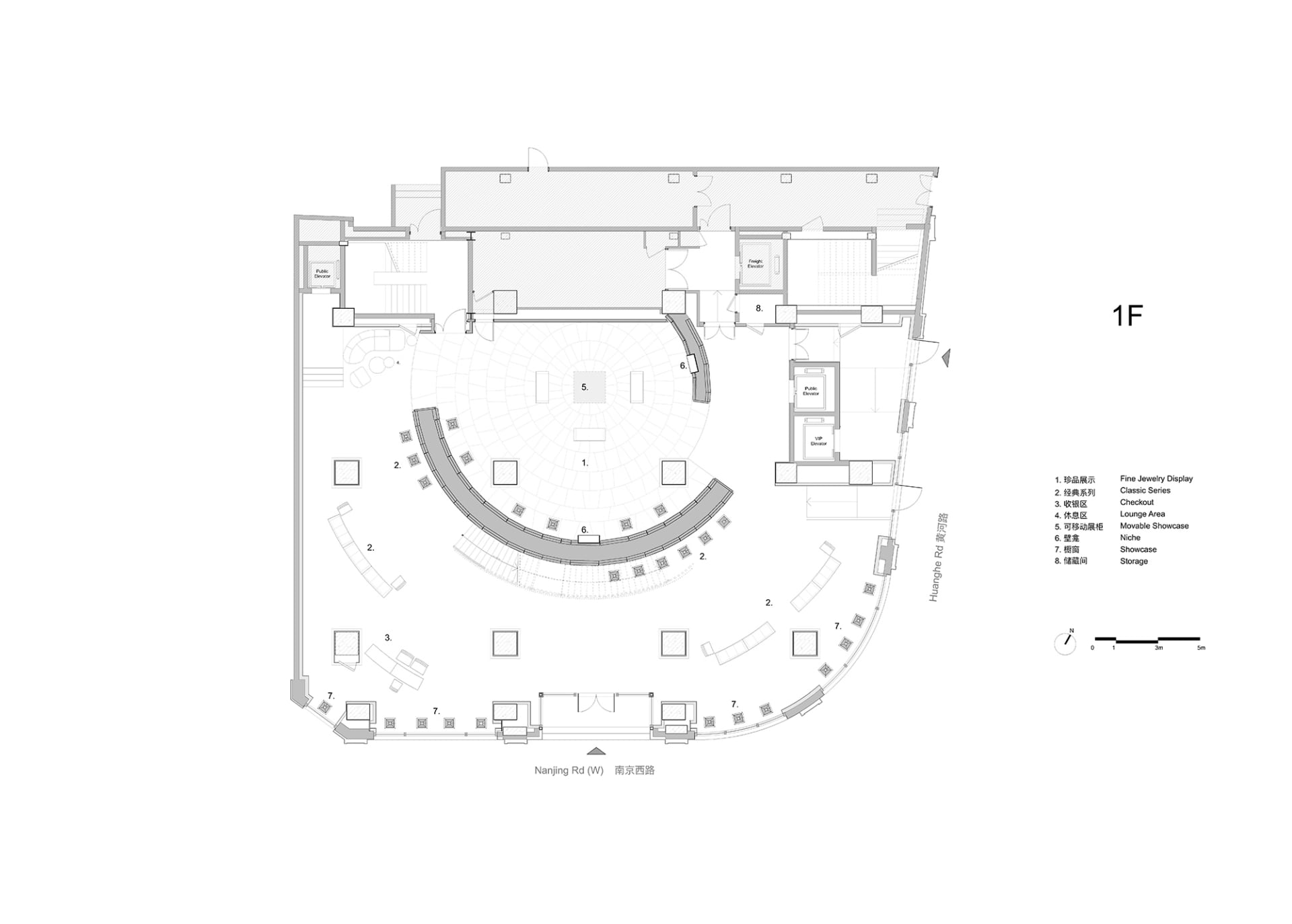 A 2D floor plan of a large room with a circular seating area, surrounded by chairs, and filled with chairs, with room outlines, labels, measurements, and symbols