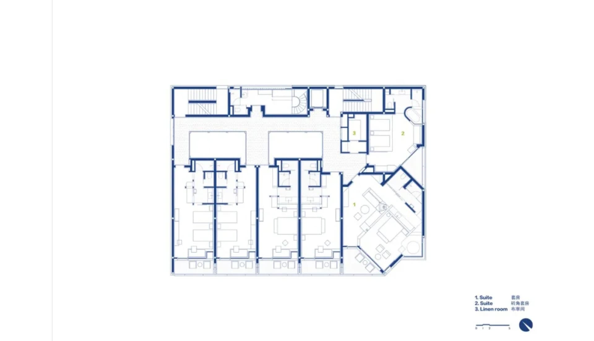 Top-down blueprint of a modern building with concrete construction, featuring a multi-story layout with various rooms and hallways, dim lighting, and linework, labels, and measurements