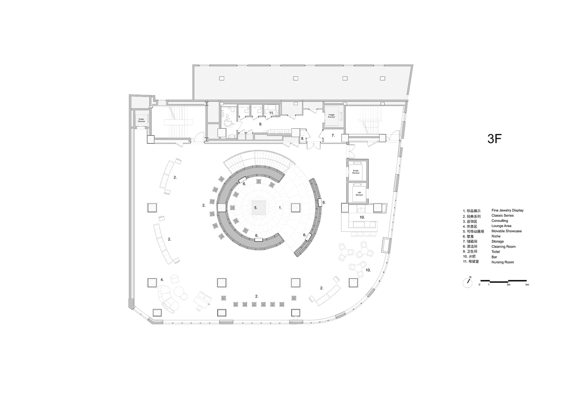 現代建築的 2D 俯視樓層平面圖，中央為圓形設計，周圍環繞其他房間，採用混凝土與玻璃材質，自然採光，營造開闊舒適的氛圍