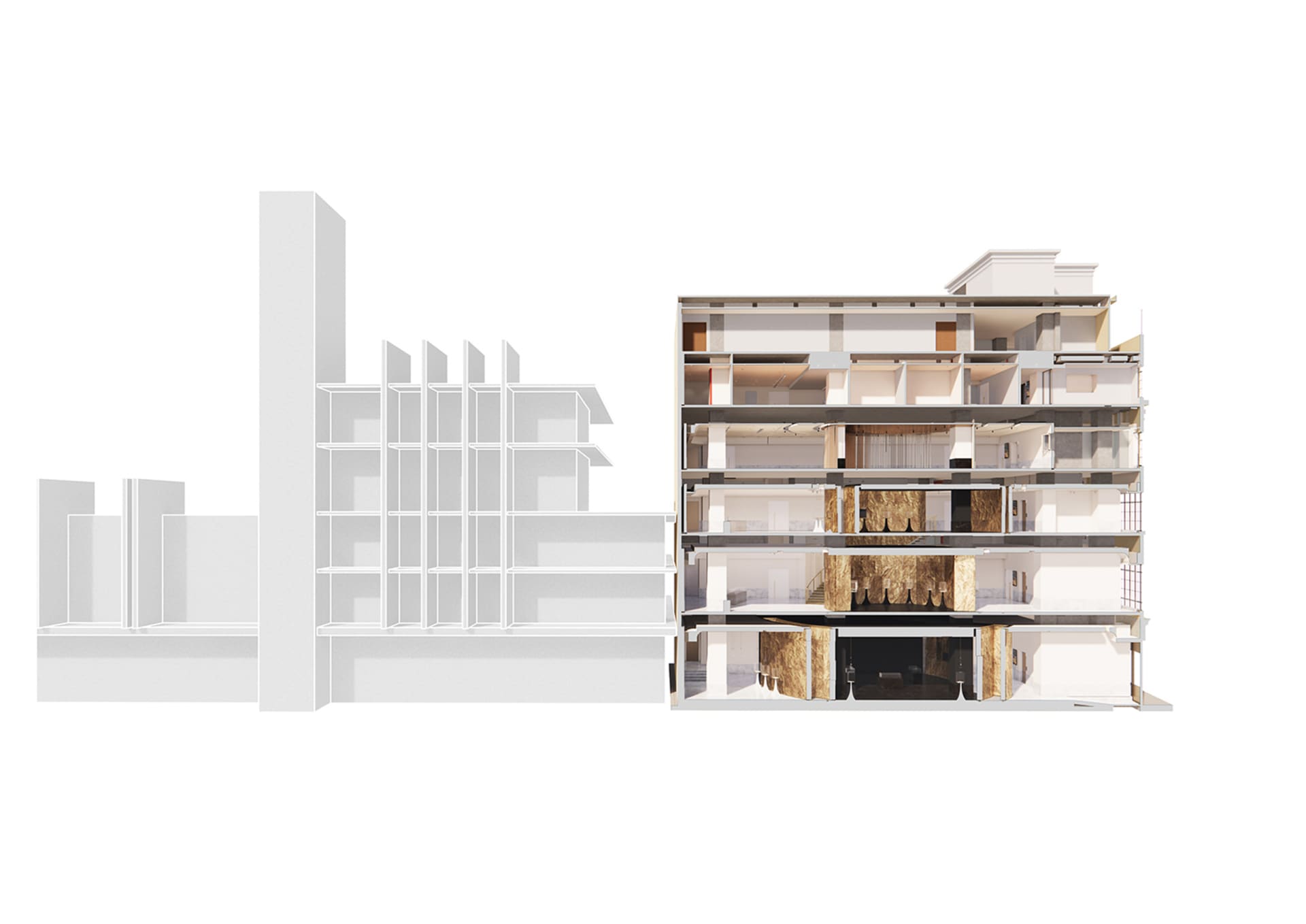 A 3d rendering of a large modern building with a mix of concrete and glass materials, featuring a sophisticated and luxurious interior with furniture and a high-end atmosphere