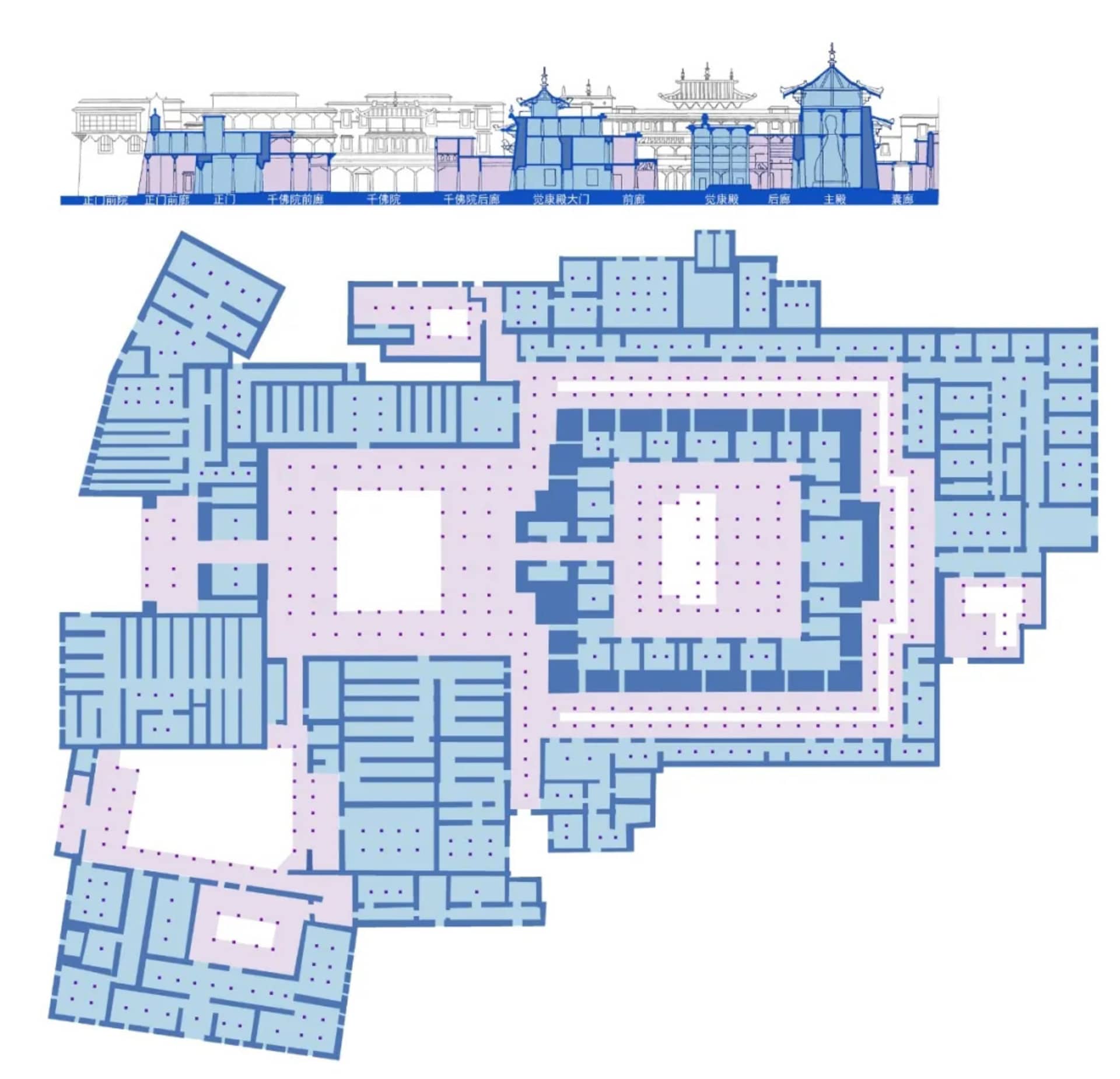 2D floor plan of a modern building with blue and white colors, featuring concrete and steel materials, and natural light from windows