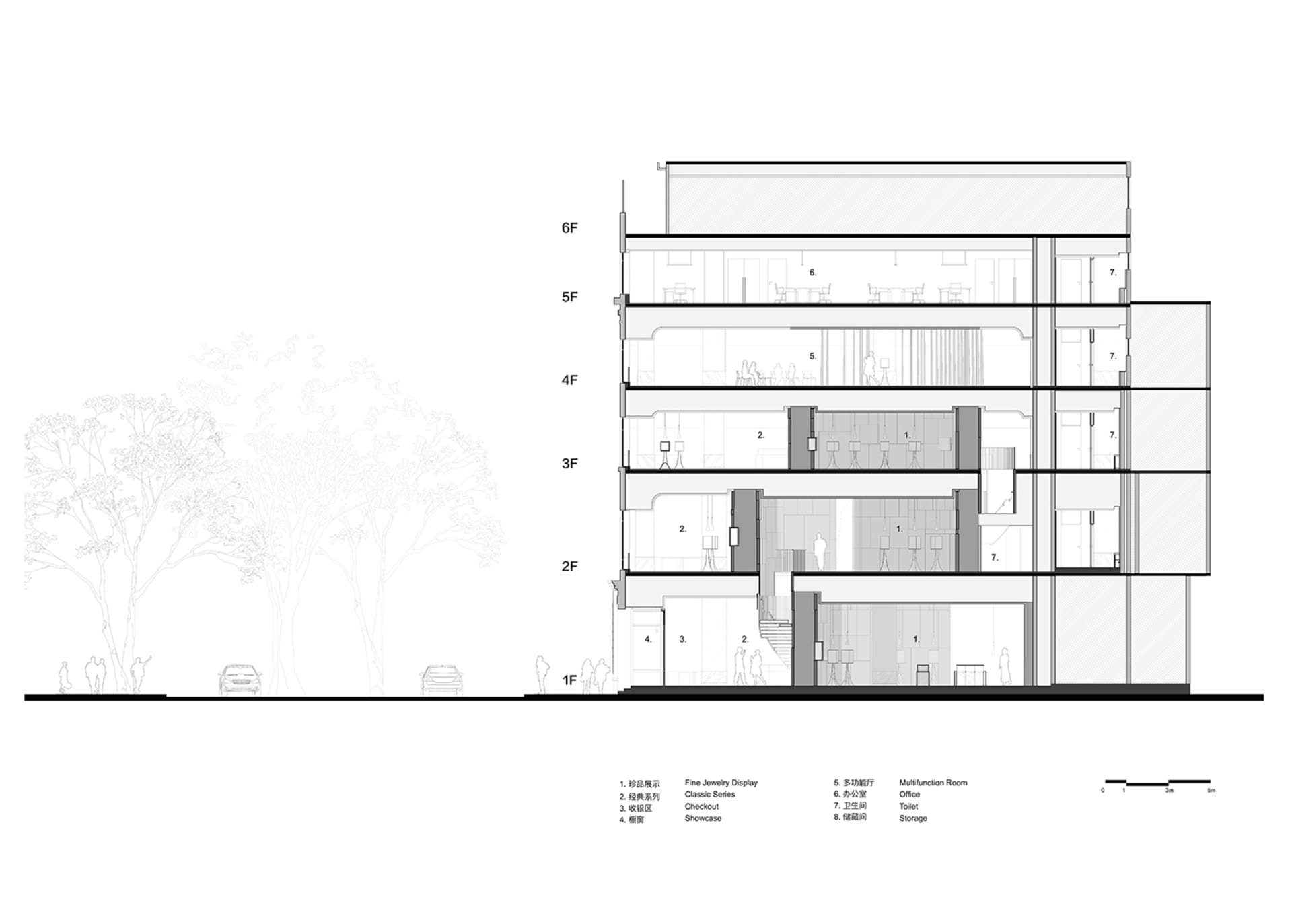Black and white floor plan of a large building with a mix of residential and commercial areas, featuring a minimalist style and dim lighting