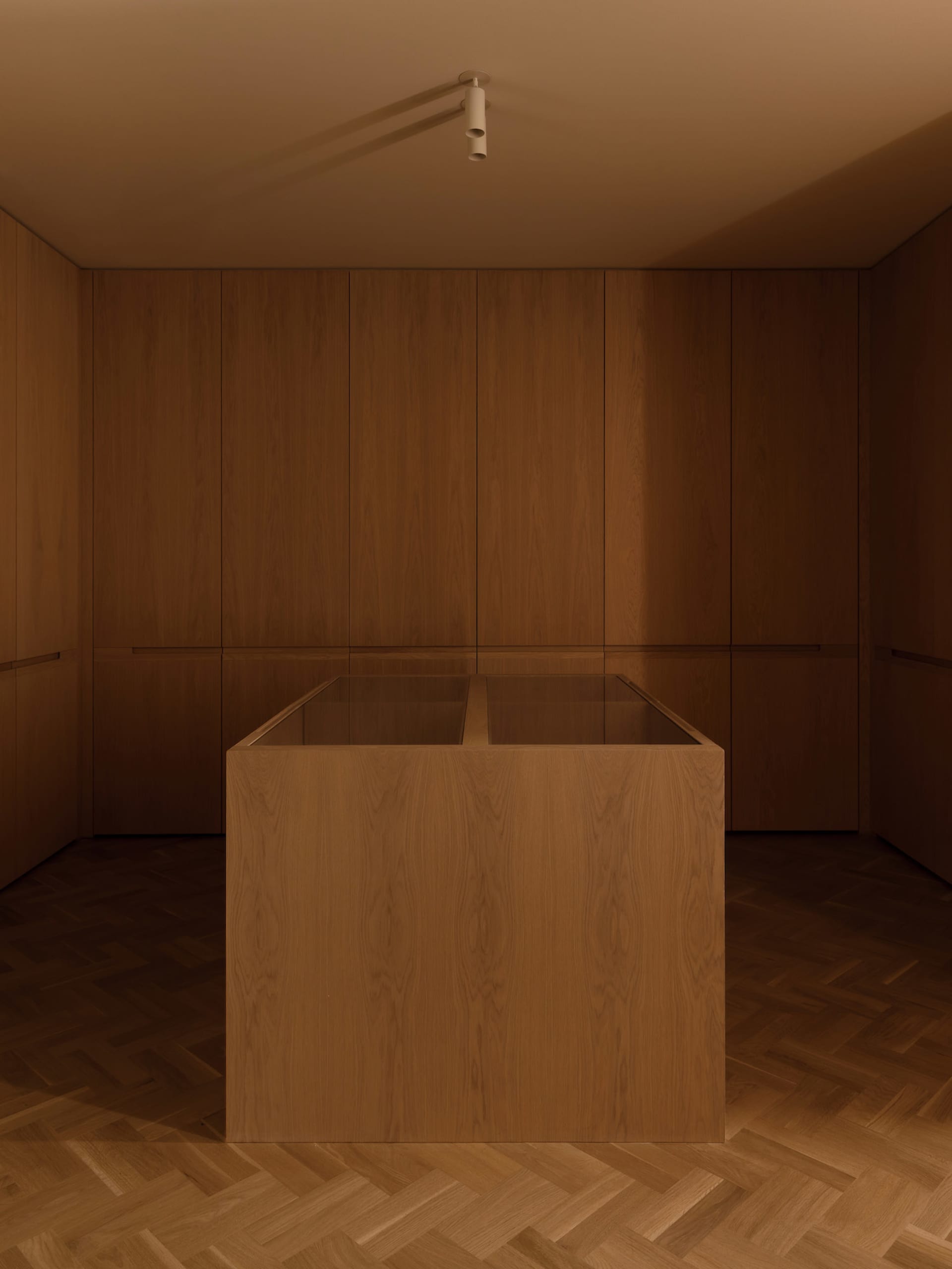 A dimly lit, modern room with wooden floors and walls, featuring a central wooden counter and clean lines