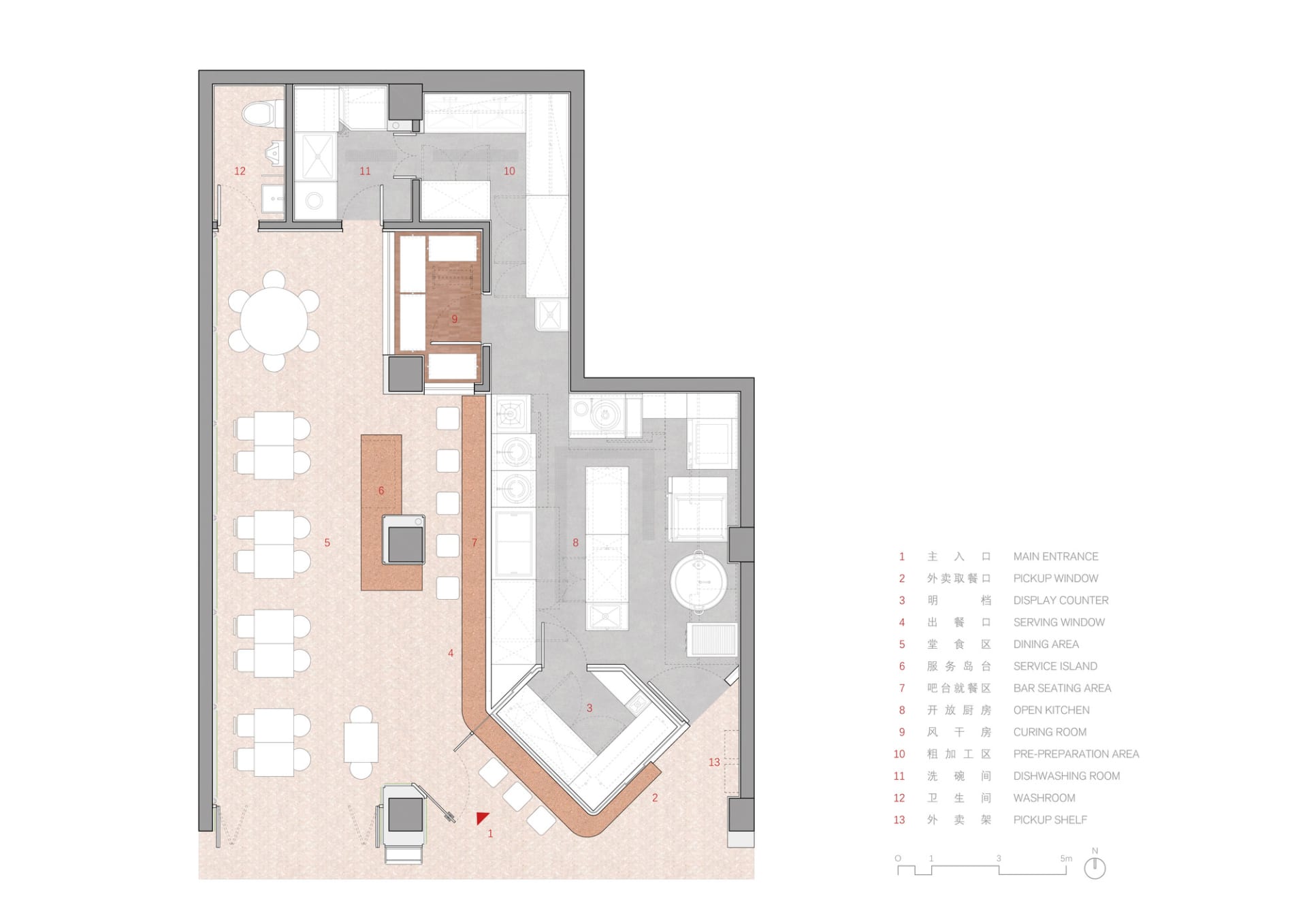 2D top-down floor plan of a modern hotel space with a combination of kitchen, dining, and living areas, featuring white surfaces and natural lighting