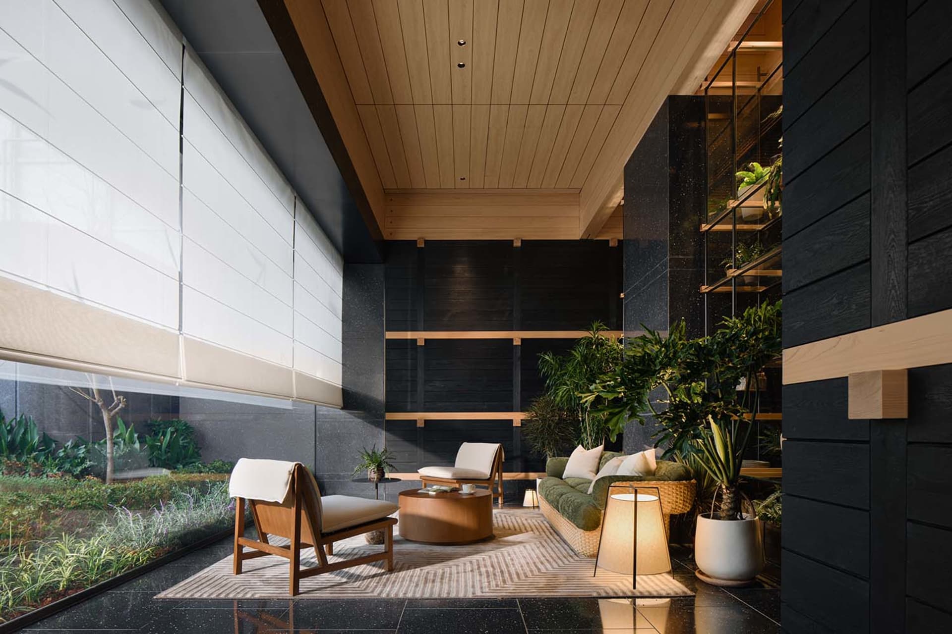 Cozy living space with natural light, wood furniture, and a potted plant, creating a warm and inviting atmosphere