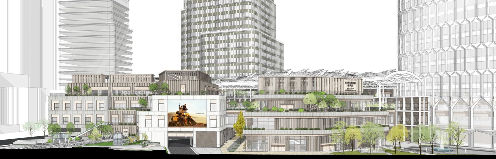 A modern city building with a rooftop garden featuring trees and bushes, set against a blue sky with natural light pouring in through the glass facade