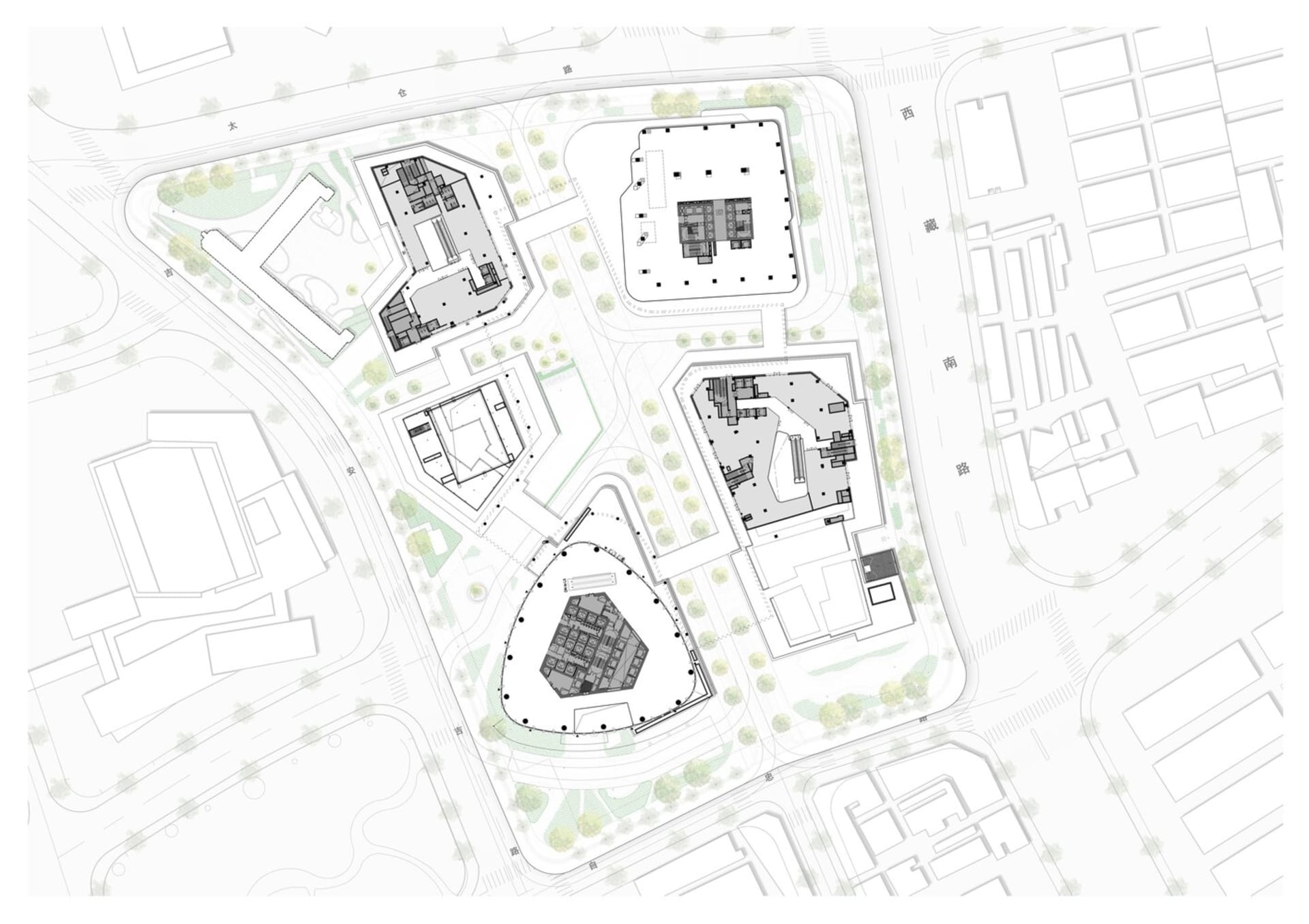 Detailed modern floor plan of a building with concrete structure, divided into various areas, including a courtyard, with natural lighting and clear layout