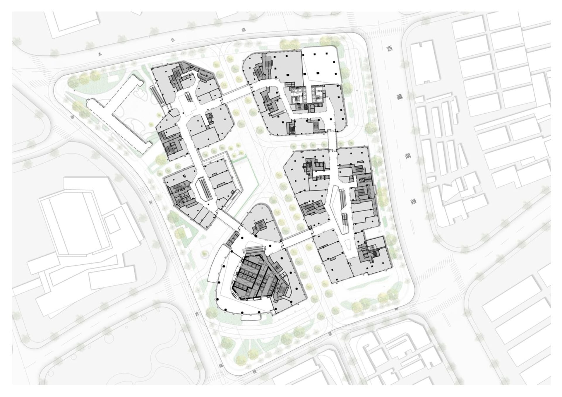 A modern, multi-story residential building floor plan with a white and black color scheme, featuring clean lines and minimalistic design elements