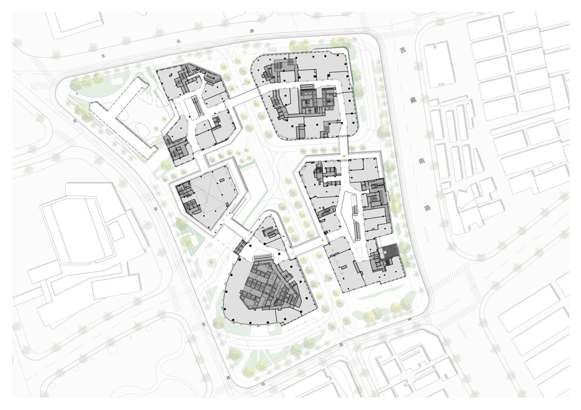 Hand-drawn floor plan of a residential complex with multiple rooms, simple layout, and minimalistic style