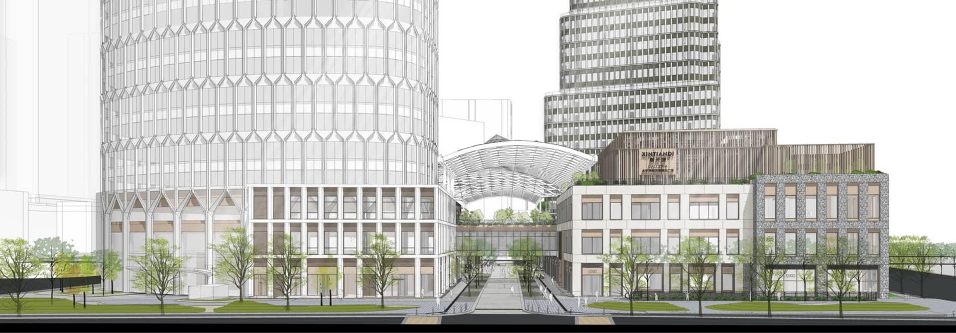 A bustling city street with tall buildings, a glass-roofed building, and a bridge, surrounded by trees and natural sunlight
