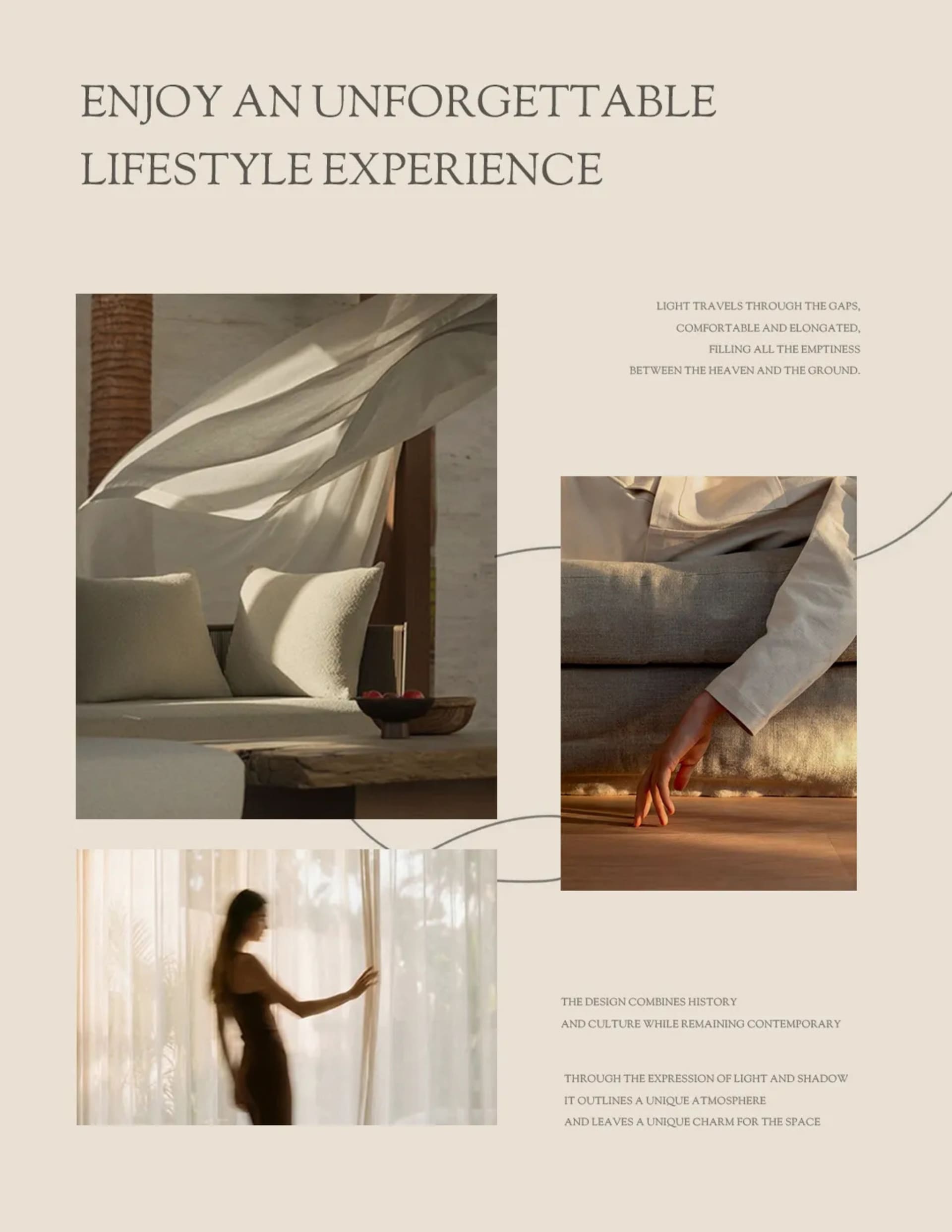 A woman in a black dress walks towards a white couch in a stylish living room with an elegant atmosphere