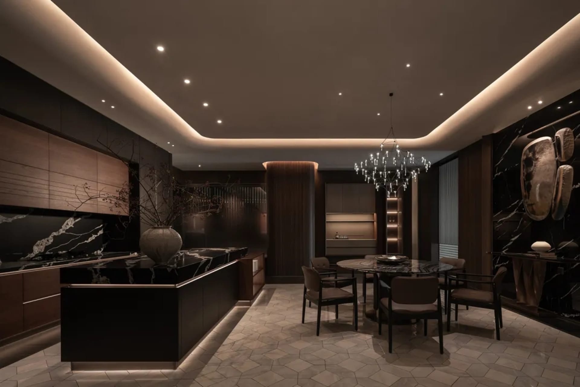 Modern kitchen and dining room with a wooden kitchen island, chandelier, and dim lighting creating a cozy atmosphere