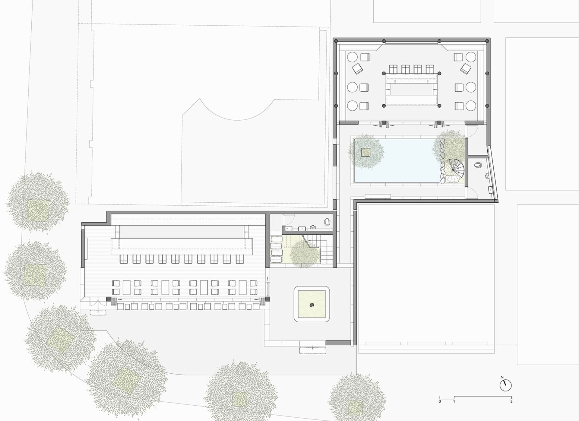 A simple hand-drawn floor plan of an outdoor space with a pool and patio, featuring a calm and inviting atmosphere