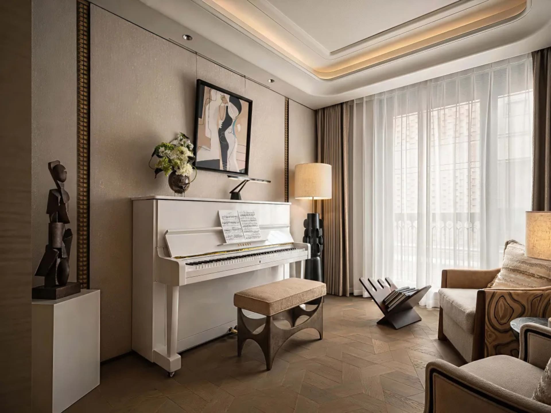 Cozy living room with a grand piano, couch, chair, and bench, featuring a mix of natural and artificial lighting and various decorative elements