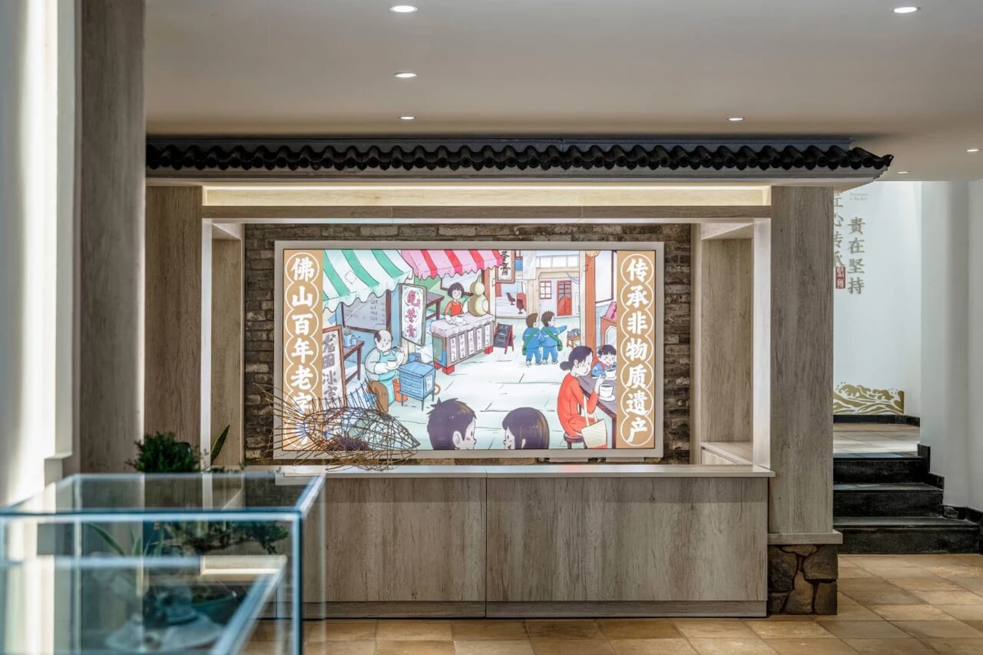 2D floor plan of a modern restaurant with a combination of wood and stone materials, featuring a large dining area with multiple tables and chairs