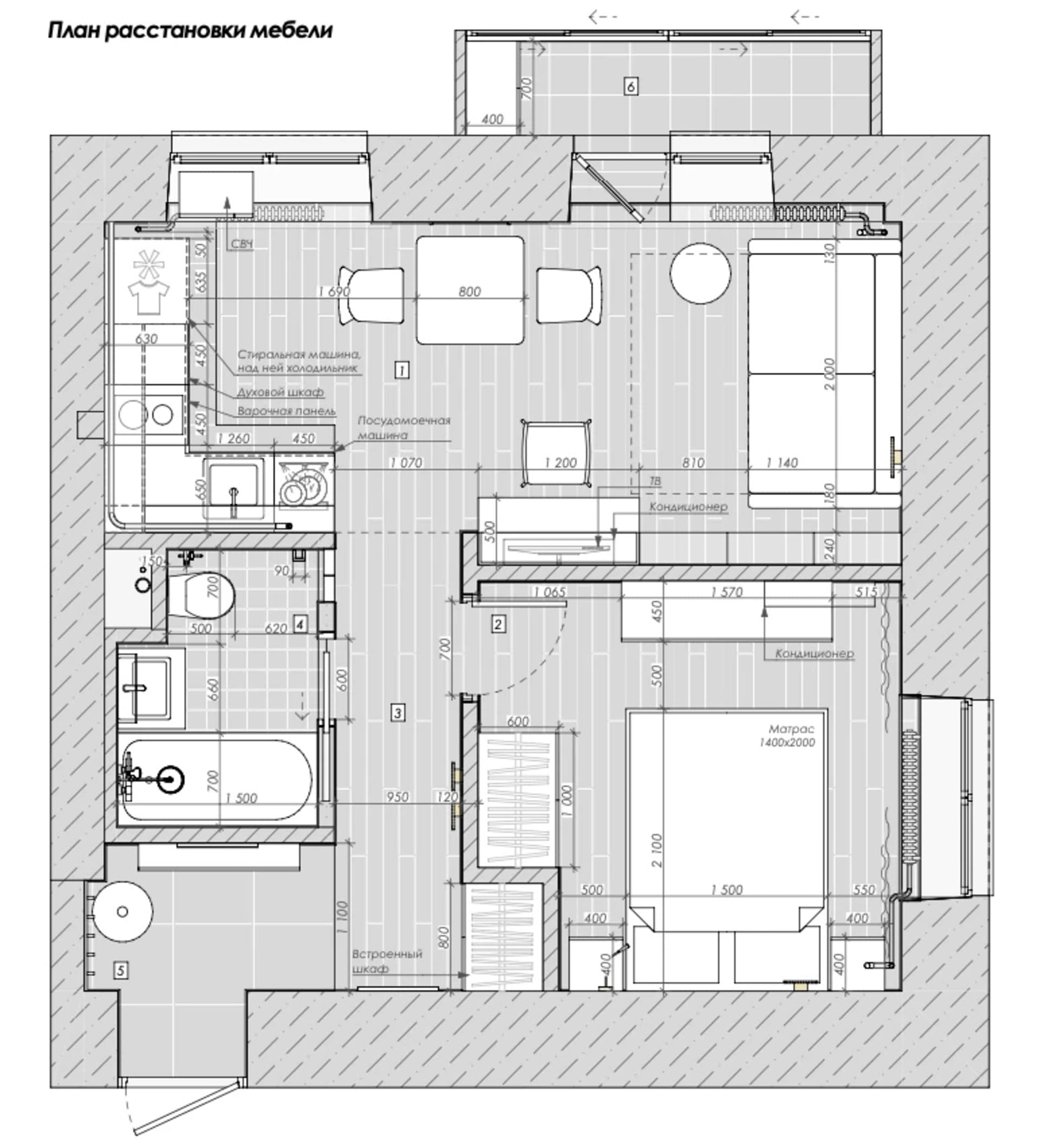 現代住宅的2D俯視平面圖，採用木頭、混凝土與金屬元素，包含房間輪廓、標註與尺寸標示