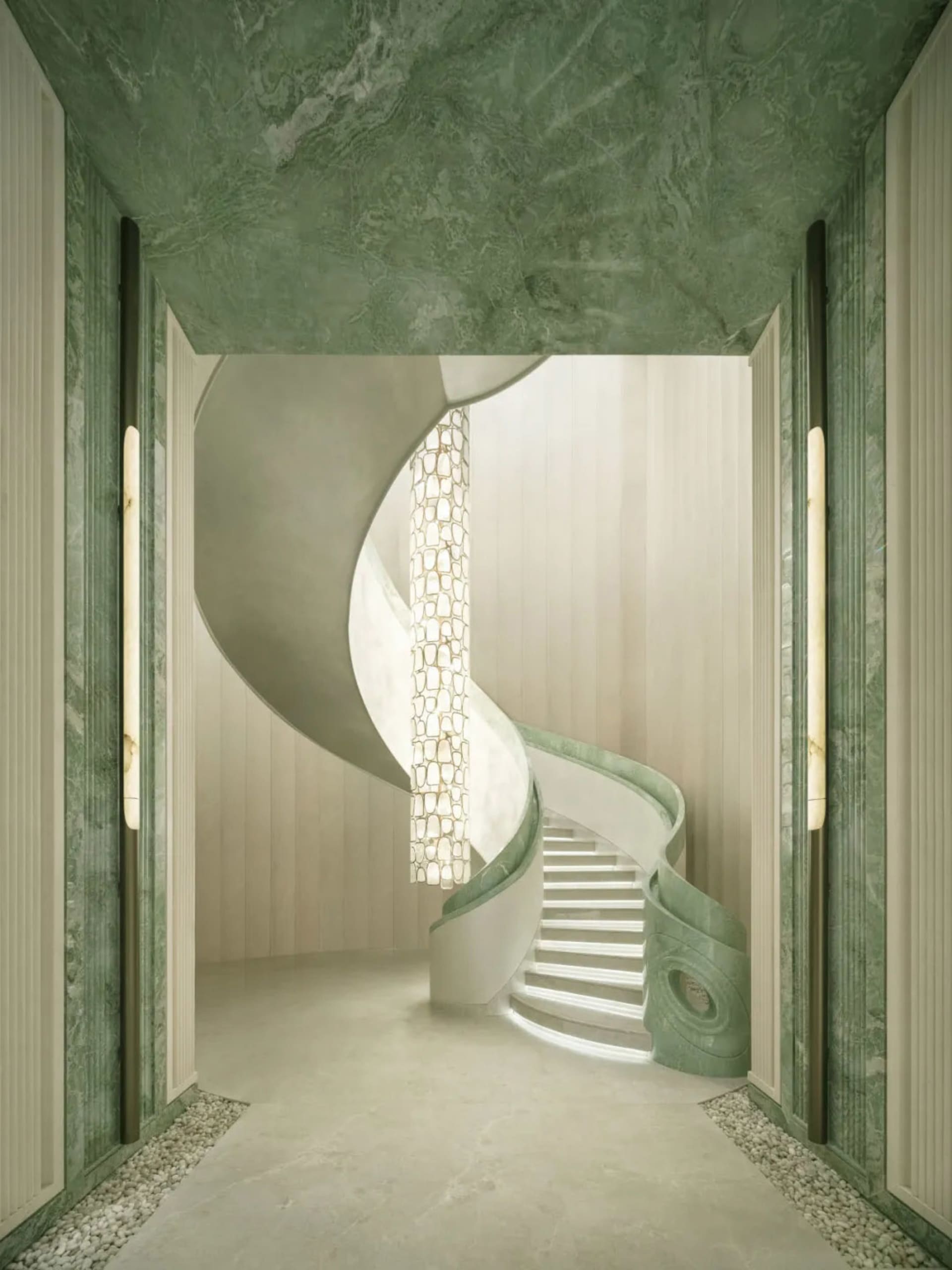 A rendered image of a spiral staircase in a modern hallway with marble surfaces, surrounded by a sophisticated and elegant space
