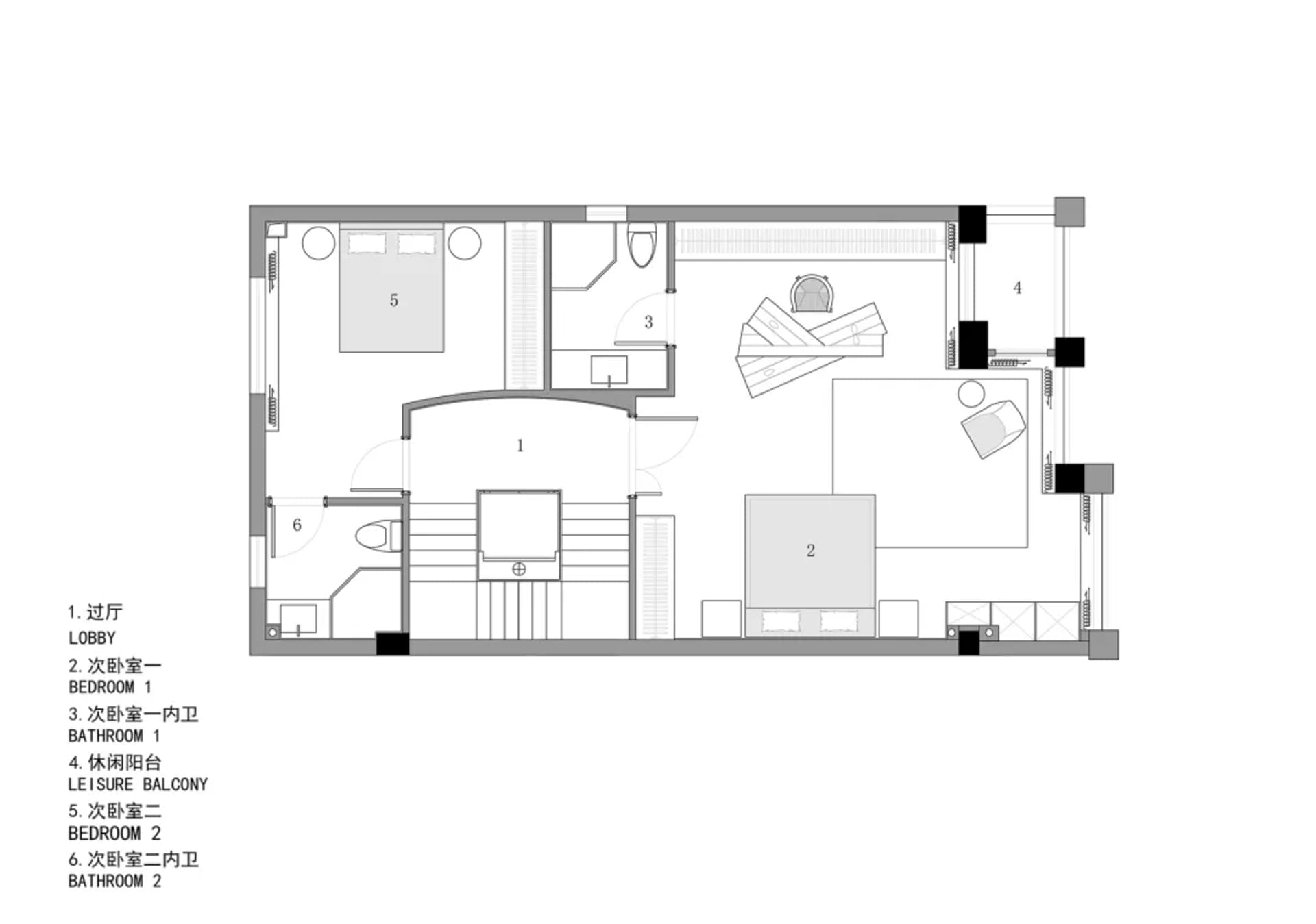Black and white floor plan of a residential space with a living room, dining room, and kitchen, featuring wood construction and natural light