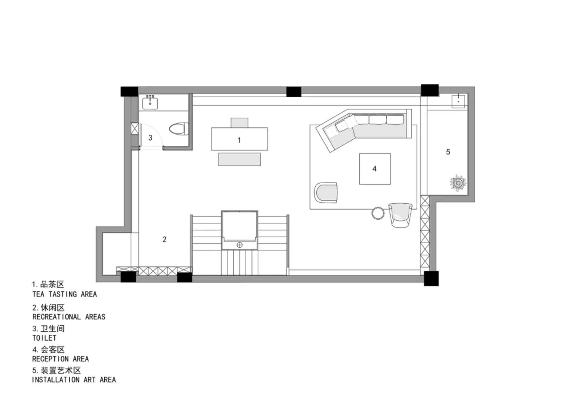 Black and white floor plan of a modern residential space with clean lines, minimalistic design, and natural lighting