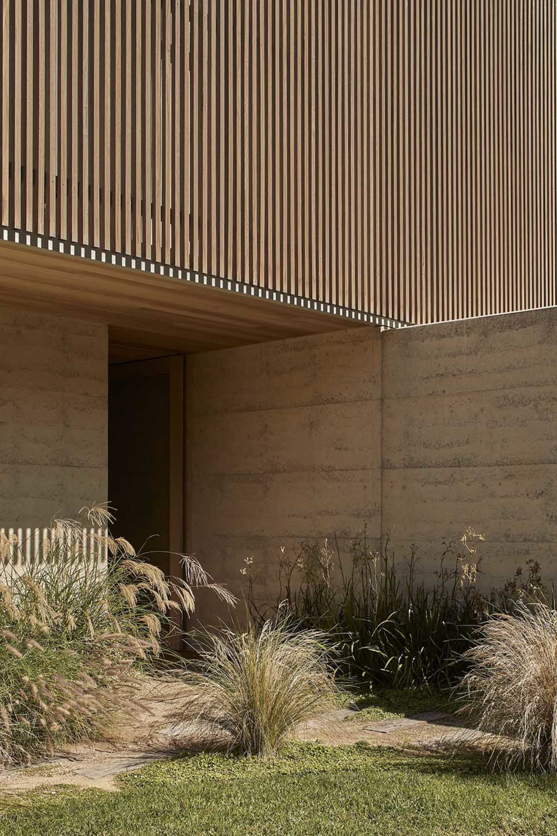 A modern house with a concrete exterior, large window, and door, surrounded by a garden with green plants, bathed in natural light