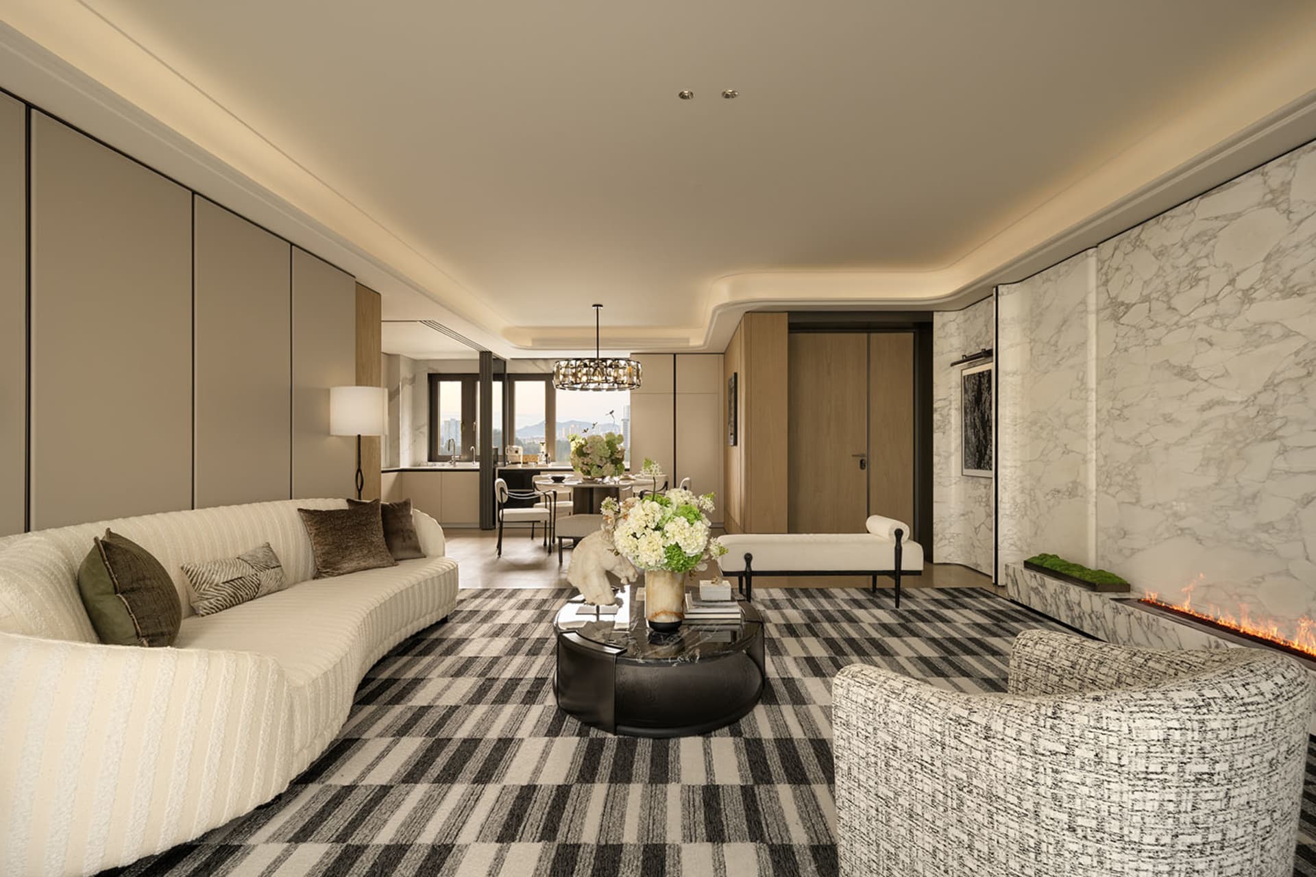 A modern living room with a checkered floor, a couch, chair, coffee table, and vase with flowers, set in a well-lit space with a comfortable and inviting atmosphere